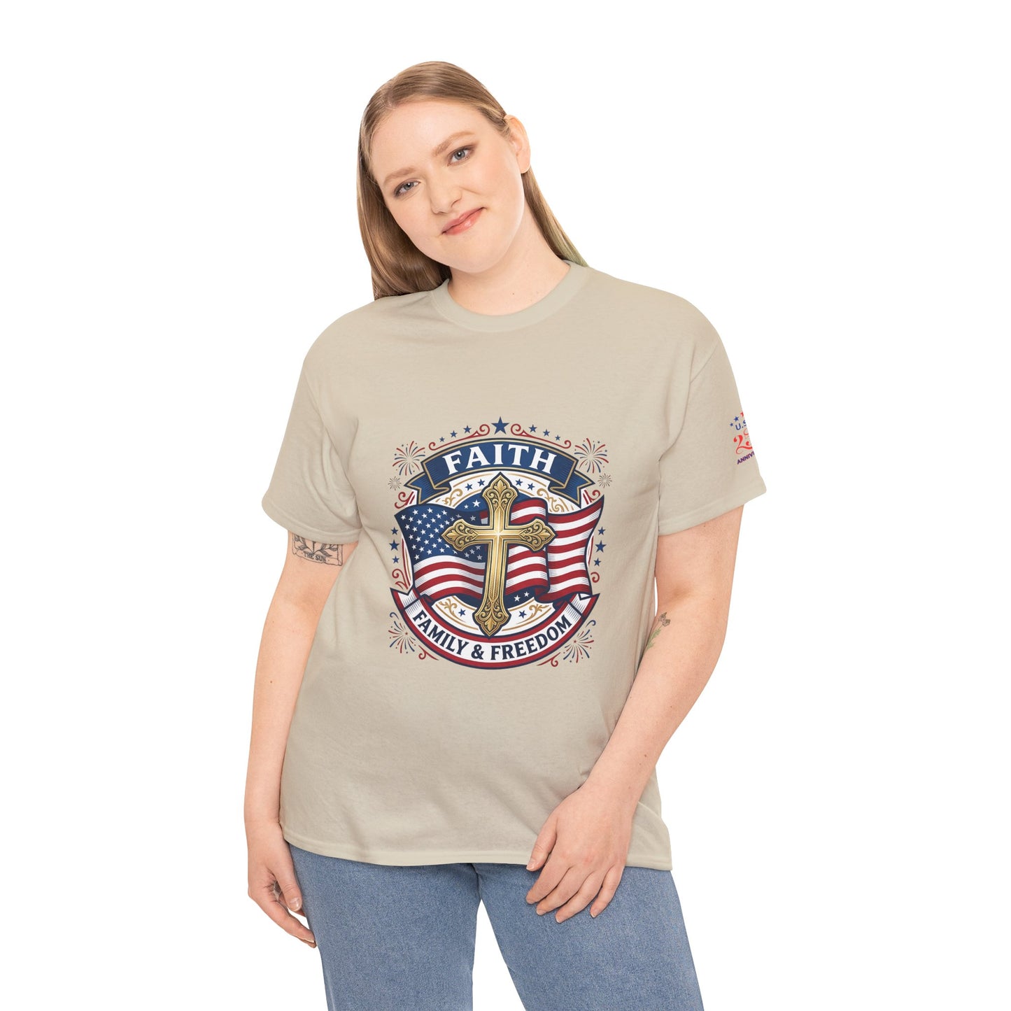 Faith, Family & Freedom Tee (USA 250th) — Patriotic Cross American Flag T-Shirt