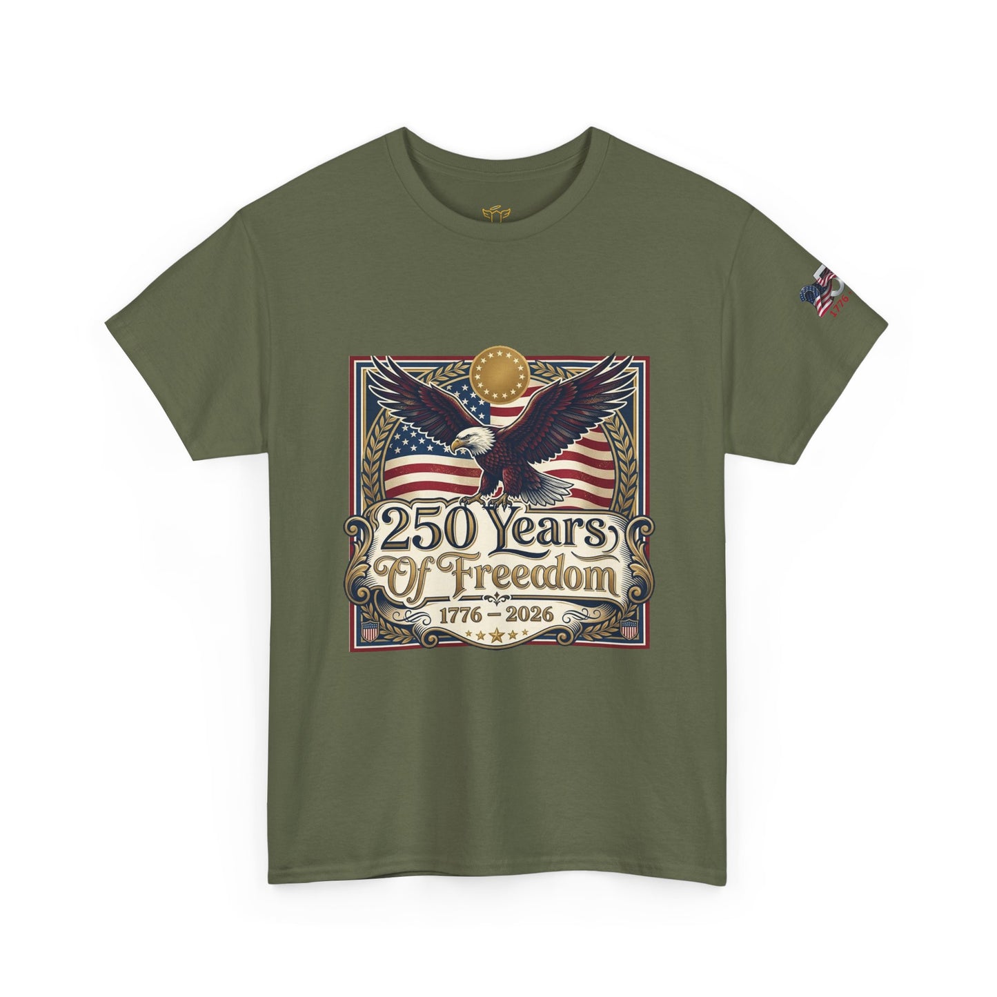 250 Years of Freedom T-Shirt — USA 250TH Anniversary Patriotic Eagle Tee, Green t-shirt with eagle and American flag design on a white background