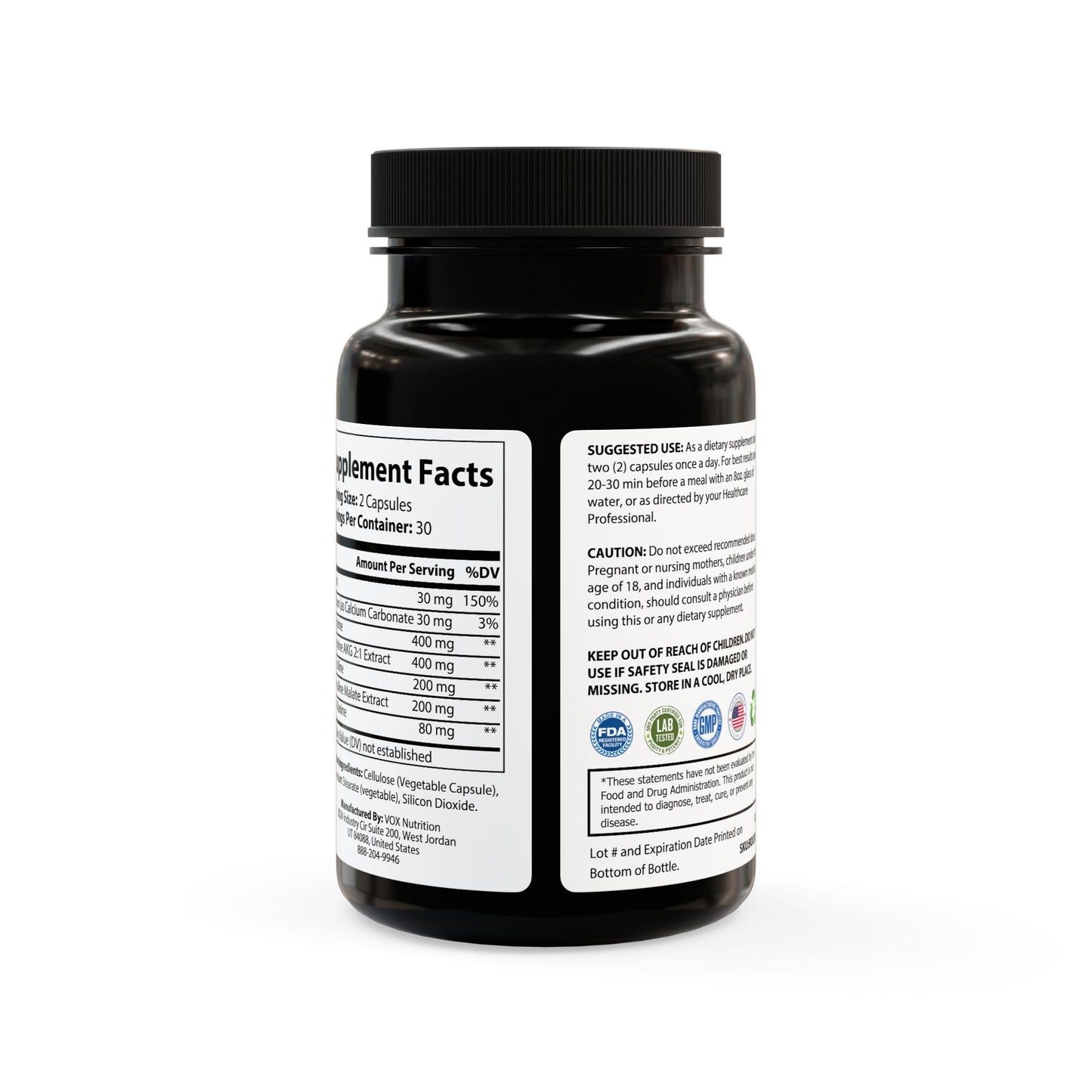 Black supplement bottle with label on a white background, L-Arginine Supplement