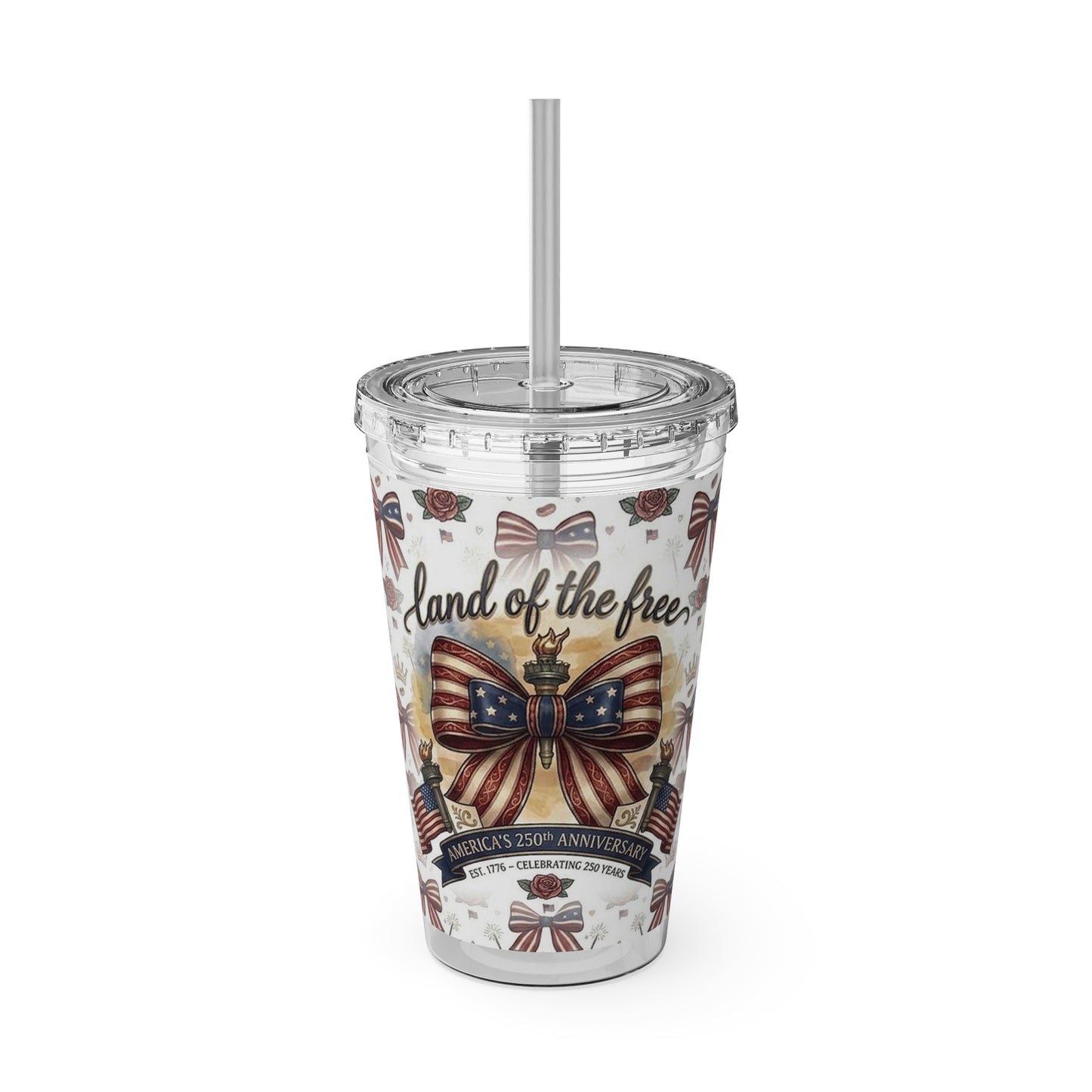 USA 250th ANNIVERSARY 16oz Tumbler with Straw | Patriotic 'Land of the Free' 16oz Tumbler with Straw - Trending Novelties & Gifts