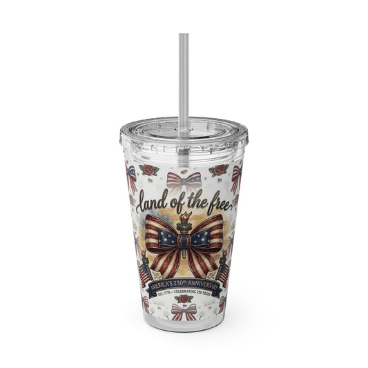 USA 250th ANNIVERSARY 16oz Tumbler with Straw | Patriotic 'Land of the Free' 16oz Tumbler with Straw - Trending Novelties & Gifts