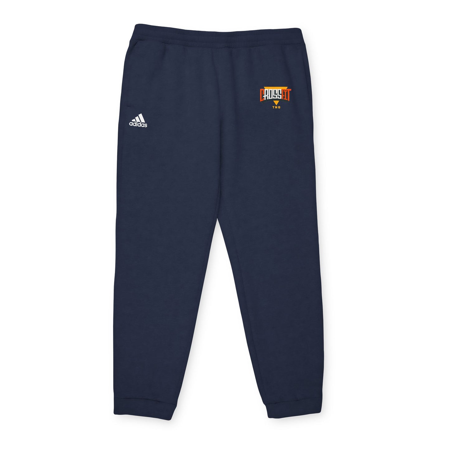 Adidas Sports Fleece Joggers for CrossFit Enthusiasts, Navy blue Adidas sweatpants with a logo on a white background