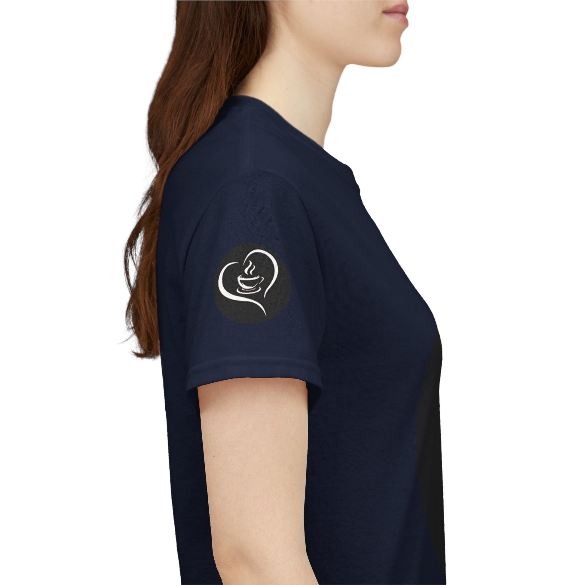 Coffee Lovers Ladies Tee - COFFEE and FRIENDS the Perfect Blend, Person wearing a navy blue t-shirt with a logo on the sleeve against a white background