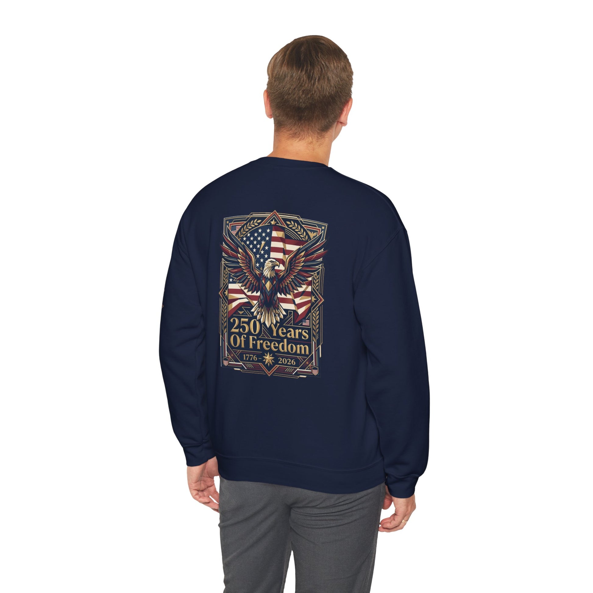 USA 250th ANNIVERSARY Crewneck Sweatshirt , Navy blue sweatshirt with 'The Barking Conspiracy' graphic on the back, worn by a person.