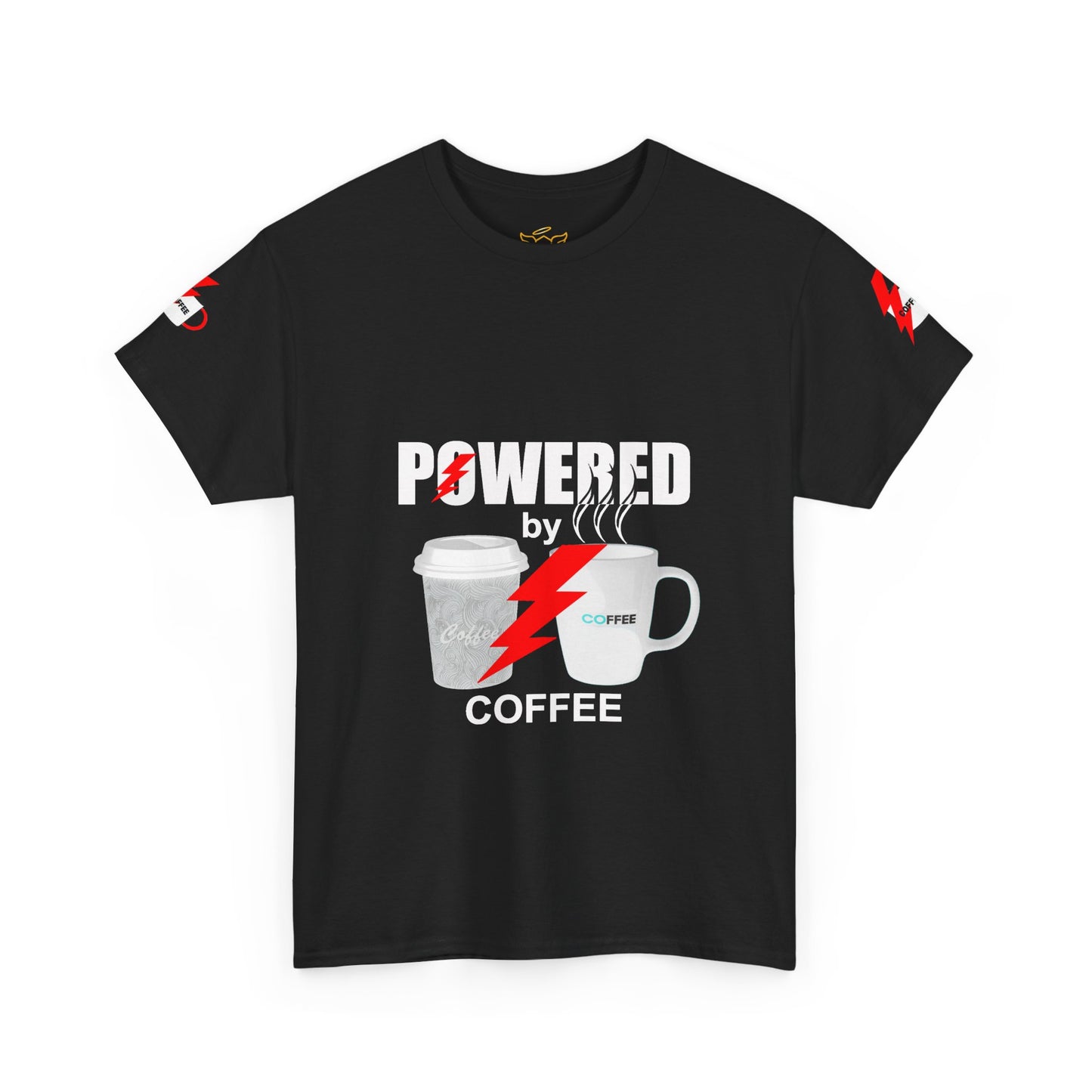 Coffee Lovers Cotton T-shirt - Powered by Coffee. Black t-shirt with 'Powered by Coffee' graphic design on a white background