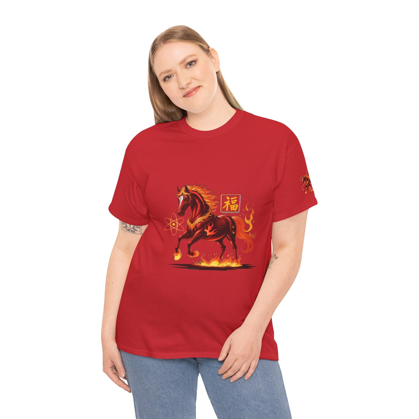 Lunar New Year Fiery Horse Novelty T-Shirt, Person wearing a red t-shirt with a horse graphic and Chinese characters on a white background