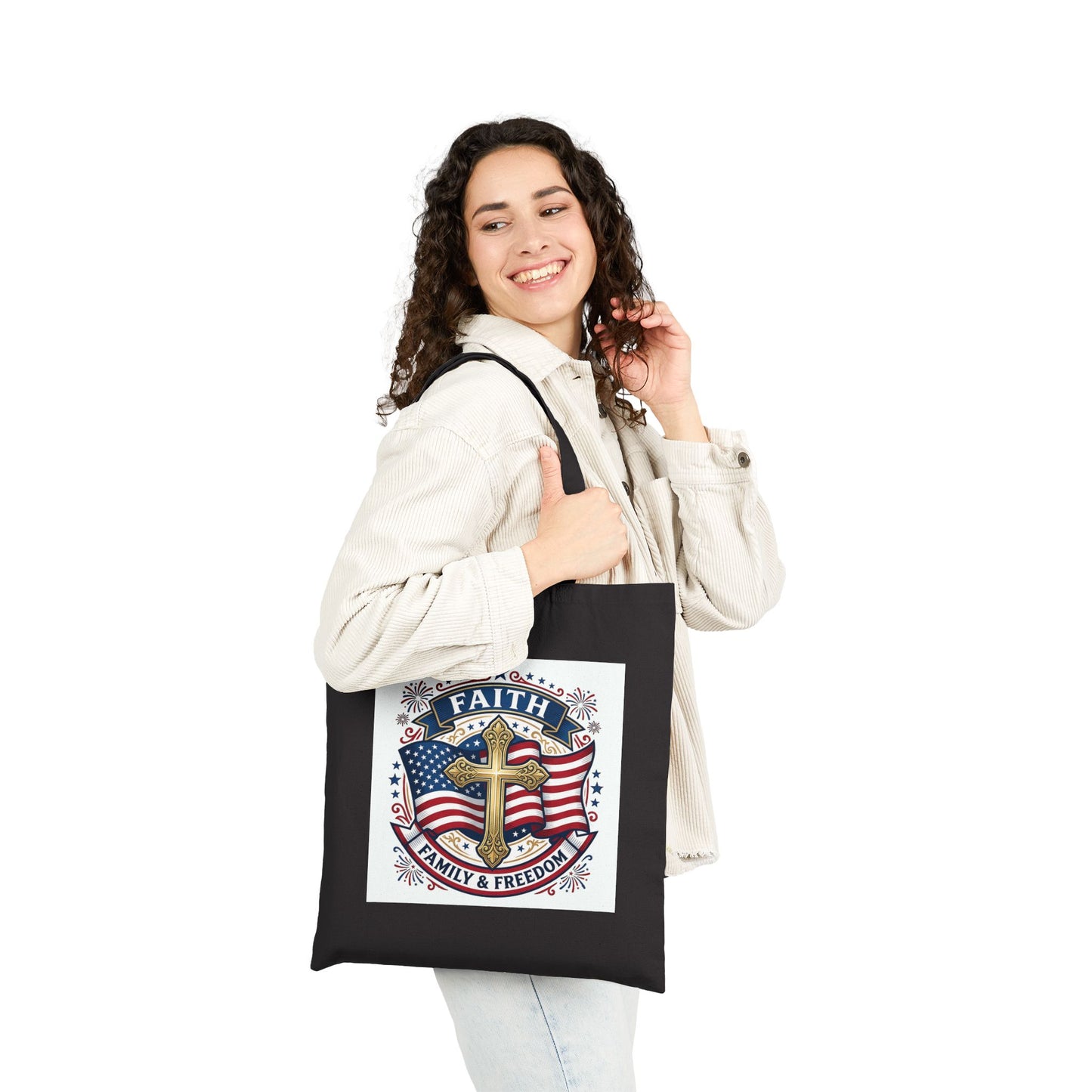 USA 250TH Faith & Freedom Cross Tote | Patriotic, Faith-Based July 4th, Vintage Americana