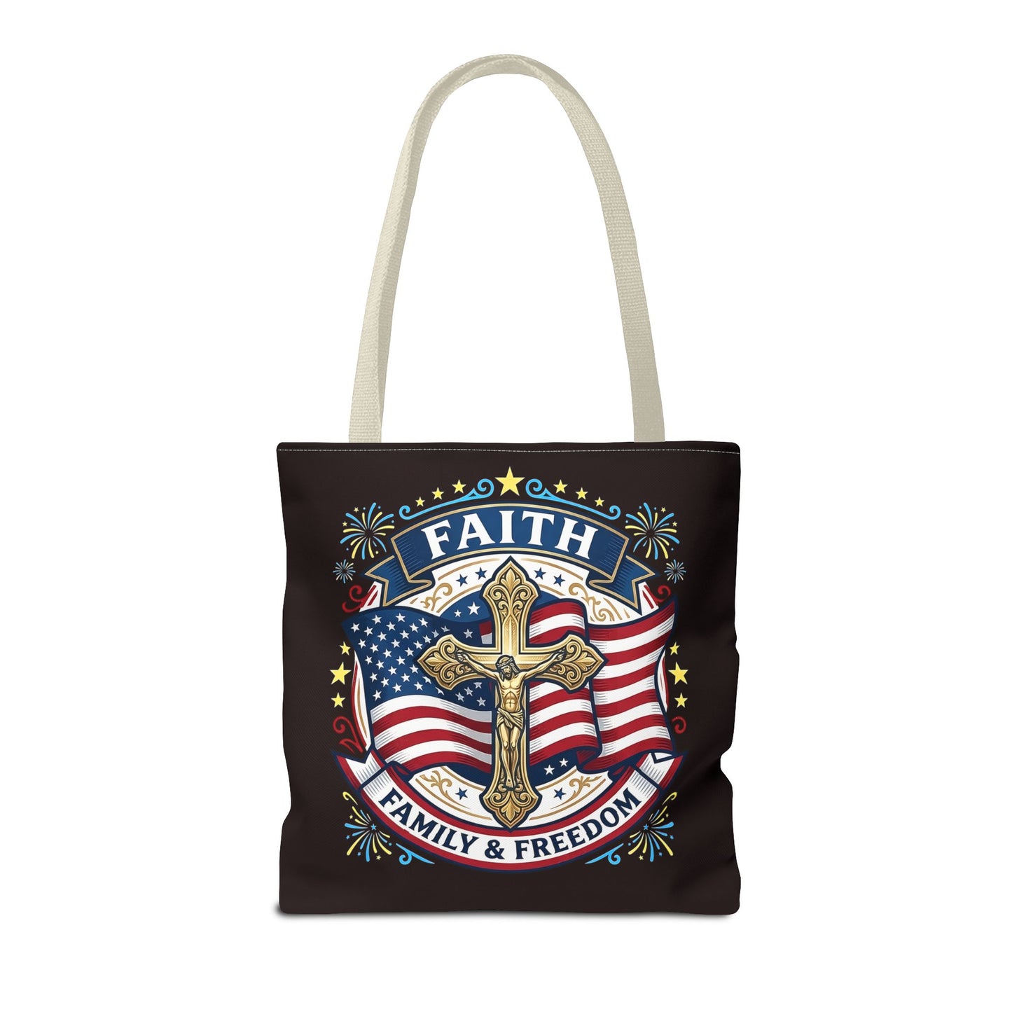 Faith, Family & Freedom Cross Bag — Patriotic American Flag Canvas Tote (USA 250th)
