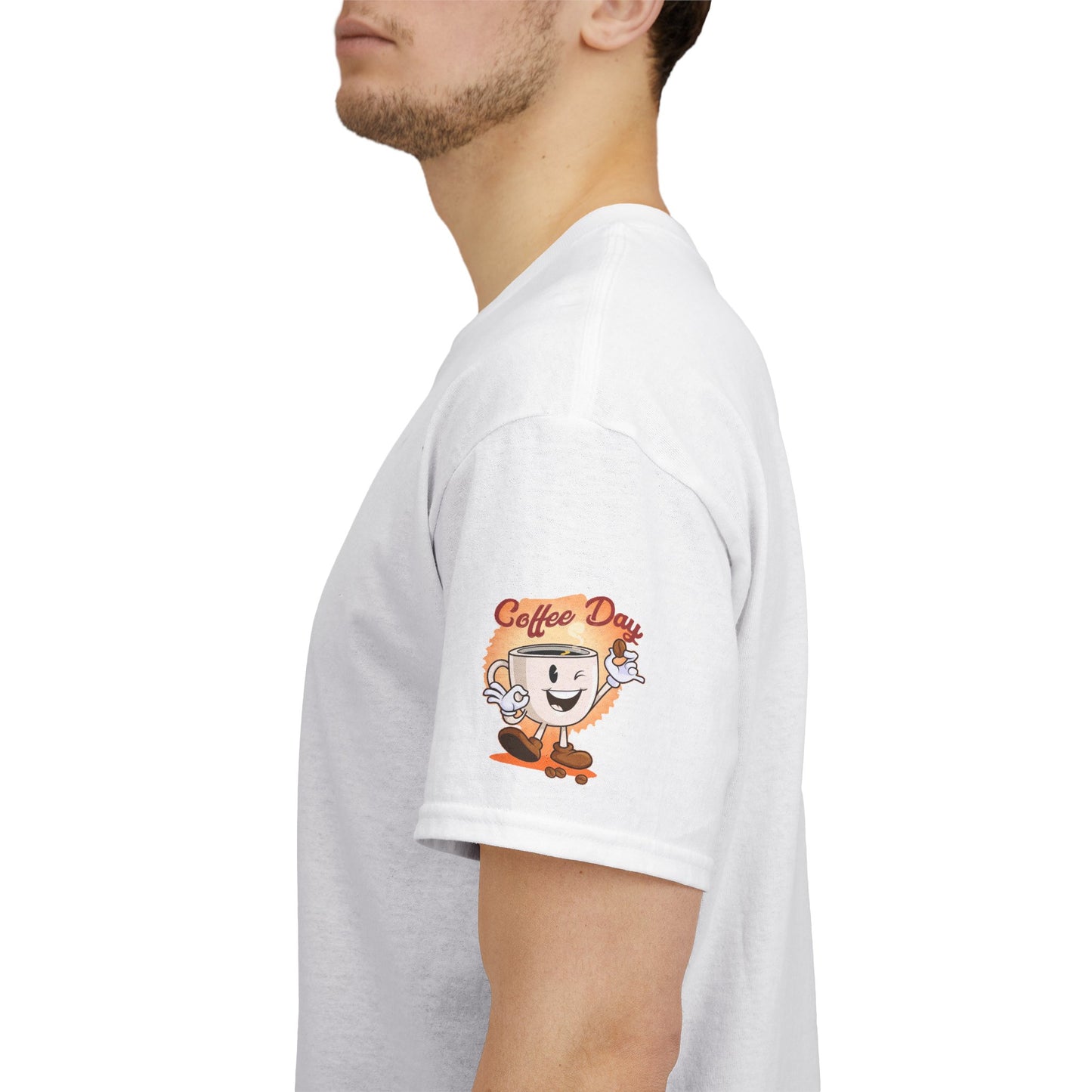 White t-shirt with a cartoon coffee cup design on the sleeve, worn by a person. COFFEE LOVERS T-SHIRT