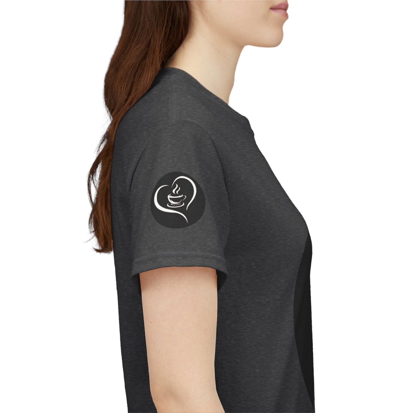Coffee Lovers Ladies Tee - COFFEE and FRIENDS the Perfect Blend, Person wearing a dark gray t-shirt with a logo on the sleeve against a white background