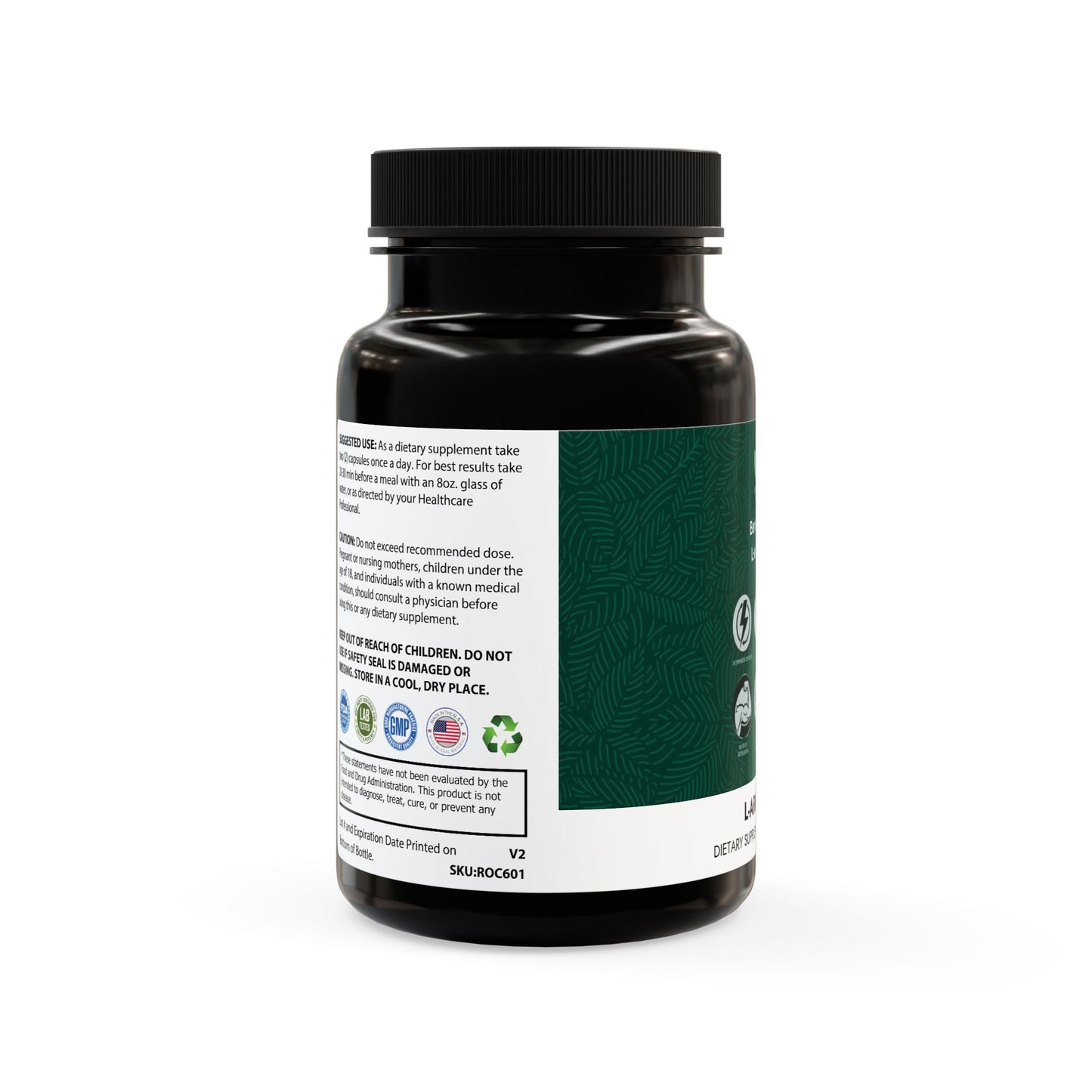 Black supplement bottle with label on a white background, L-Arginine Supplement.