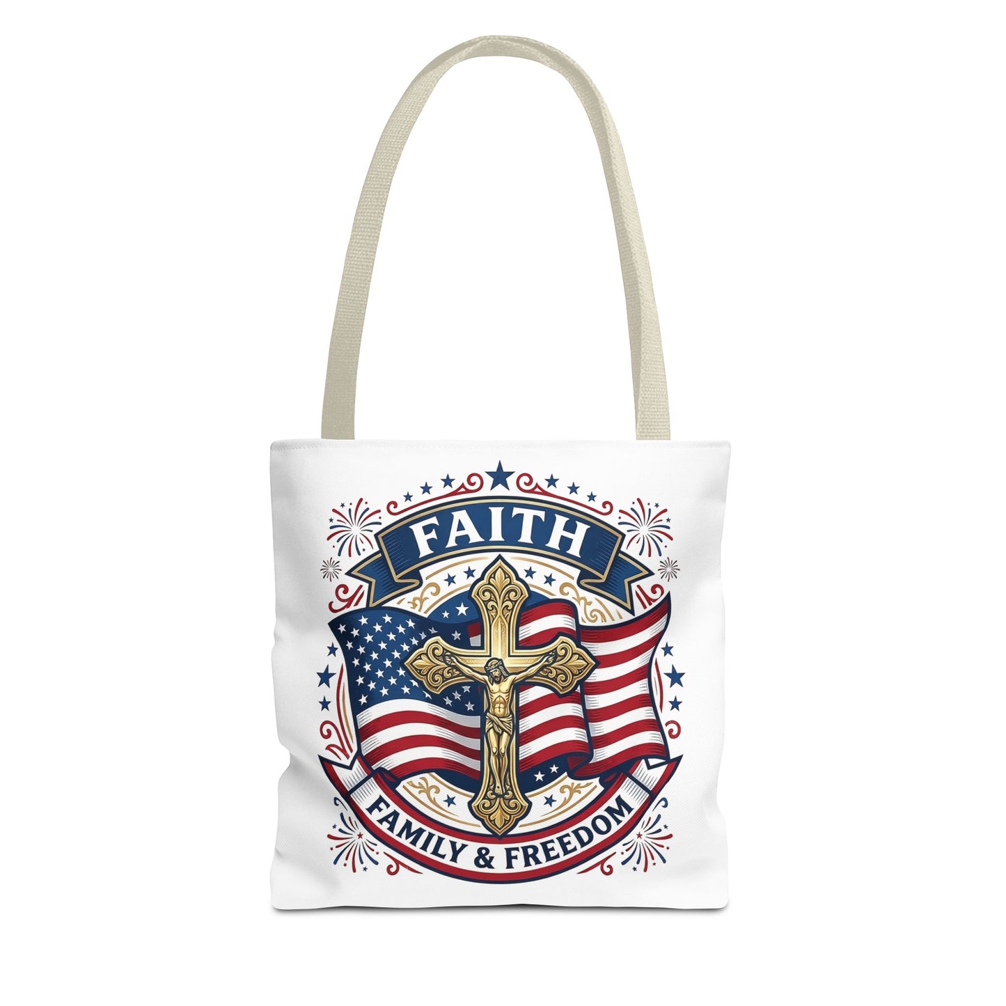 Faith, Family & Freedom Tote Bag — Patriotic Cross American Flag Tote (USA 250th)