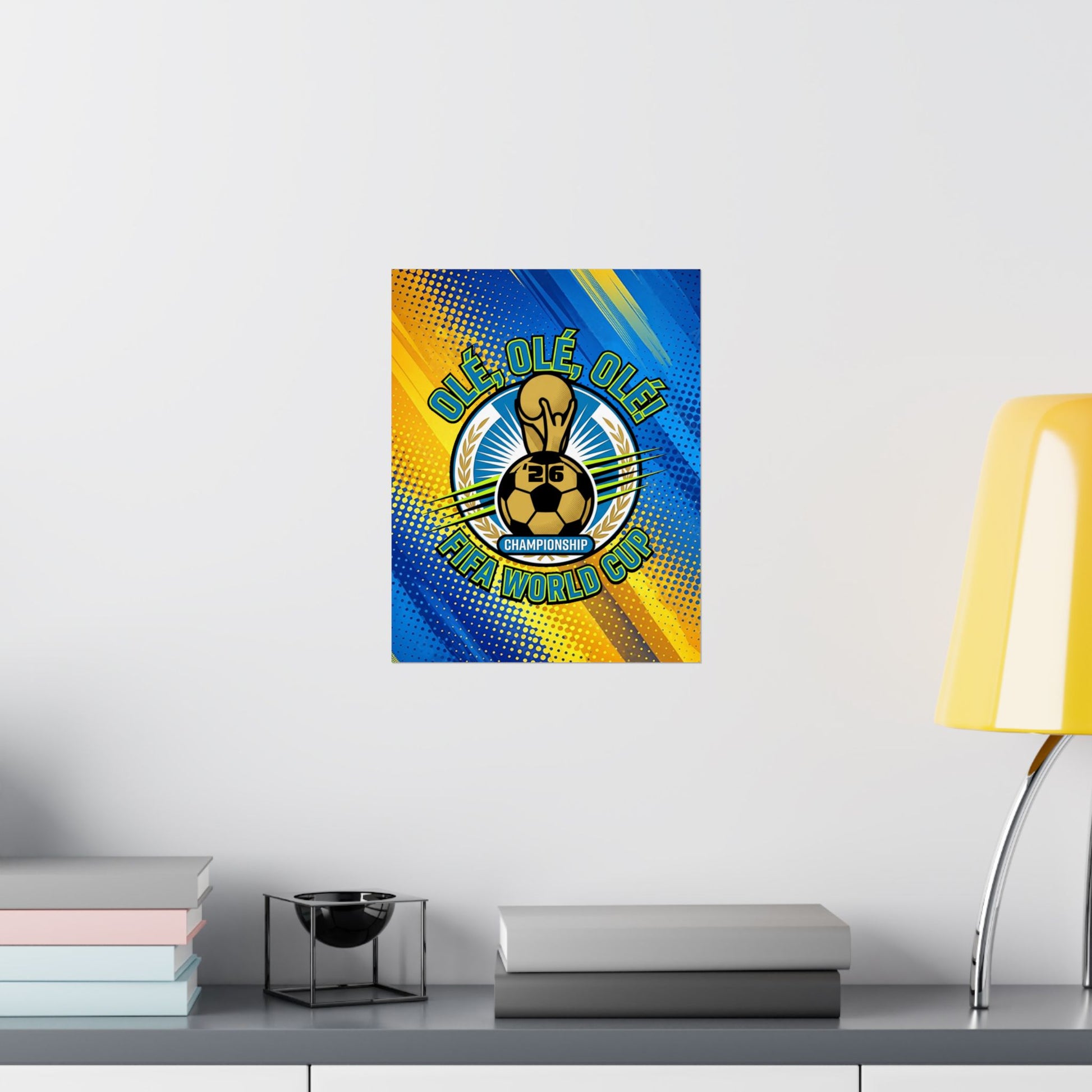 Decorative wall art with a soccer ball design on a blue and yellow background, placed on a shelf.