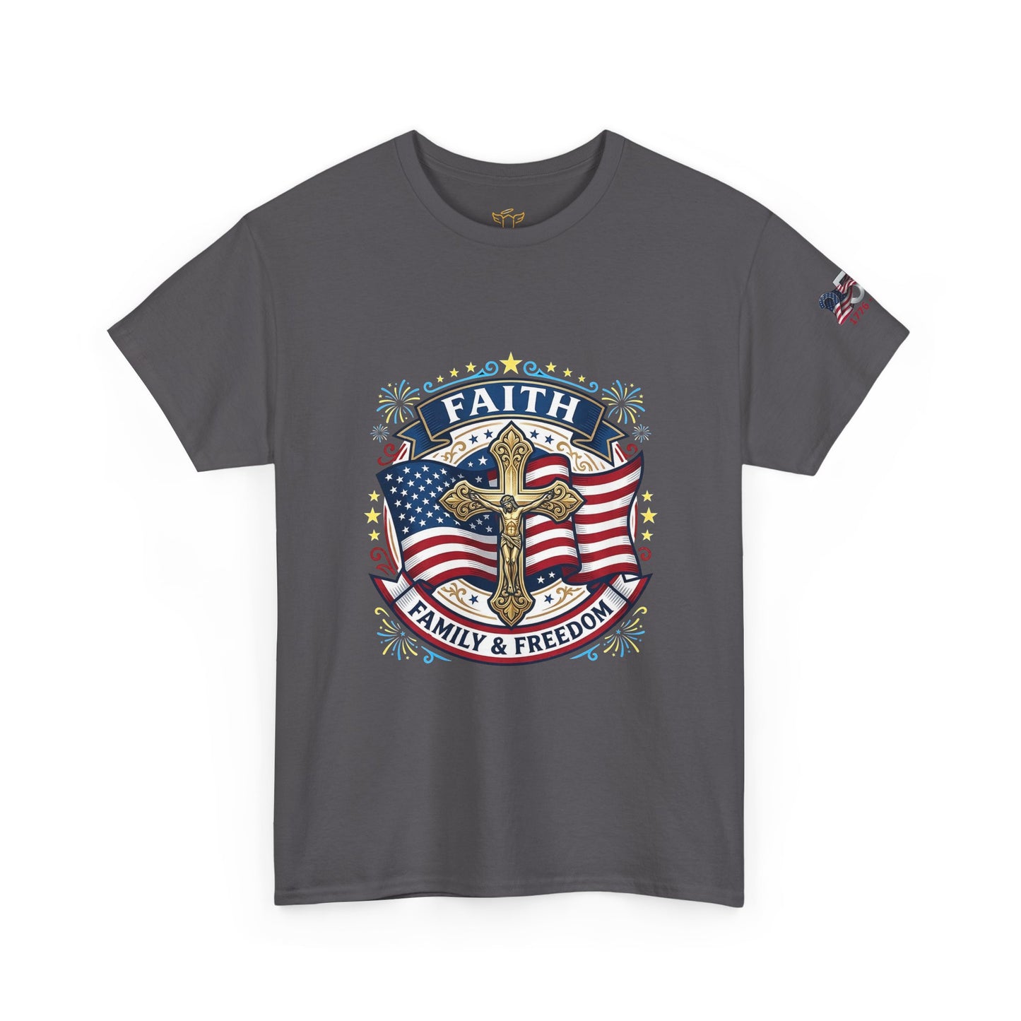 Catholic Faith Family & Freedom T-Shirt — American Flag Cross Patriotic T-shirt (USA 250th)