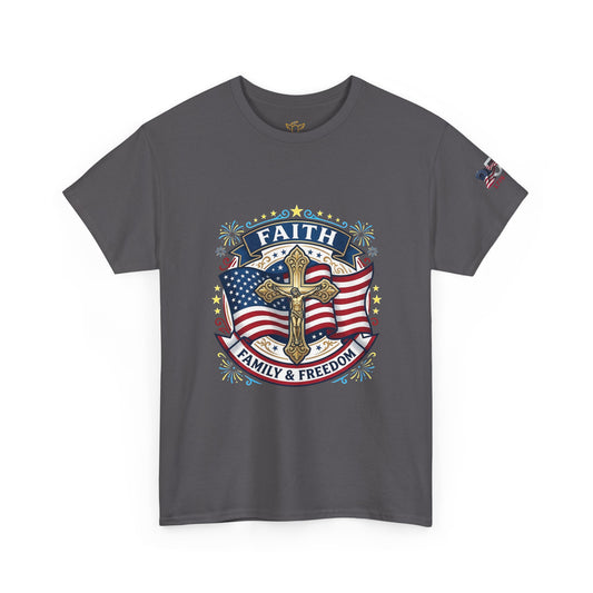 Catholic Faith Family & Freedom T-Shirt — American Flag Cross Patriotic T-shirt (USA 250th)