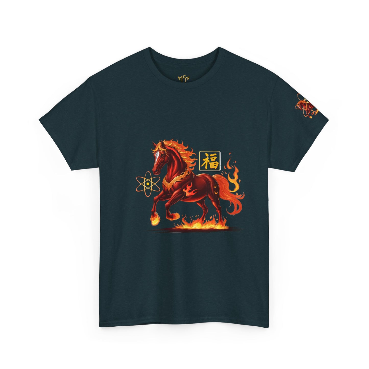 Lunar New Year Fiery Horse Novelty T-Shirt, Black t-shirt with a fiery horse design on a white background
