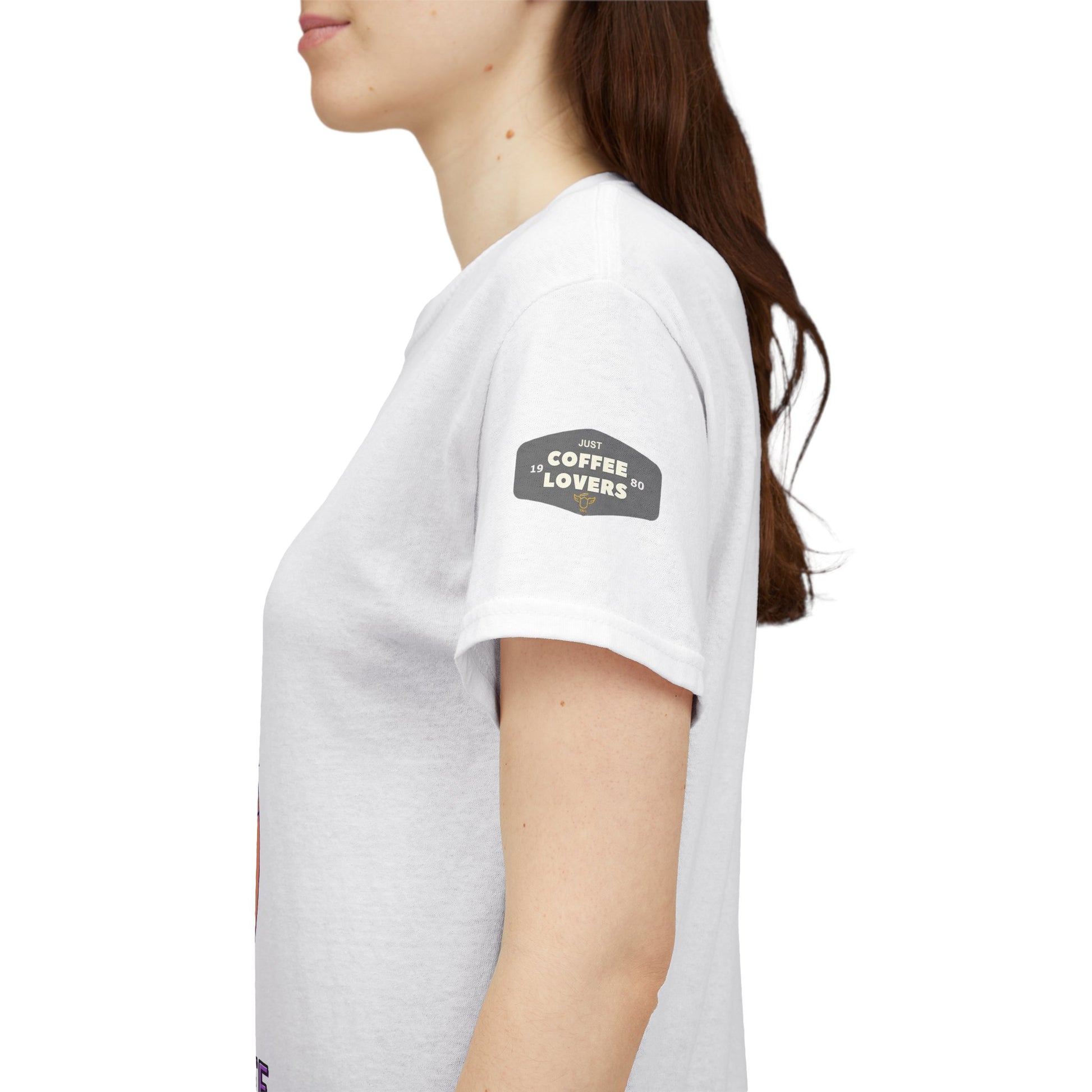 COFFEE LOVERS' T-SHIRT, White t-shirt with a logo on the sleeve worn by a person