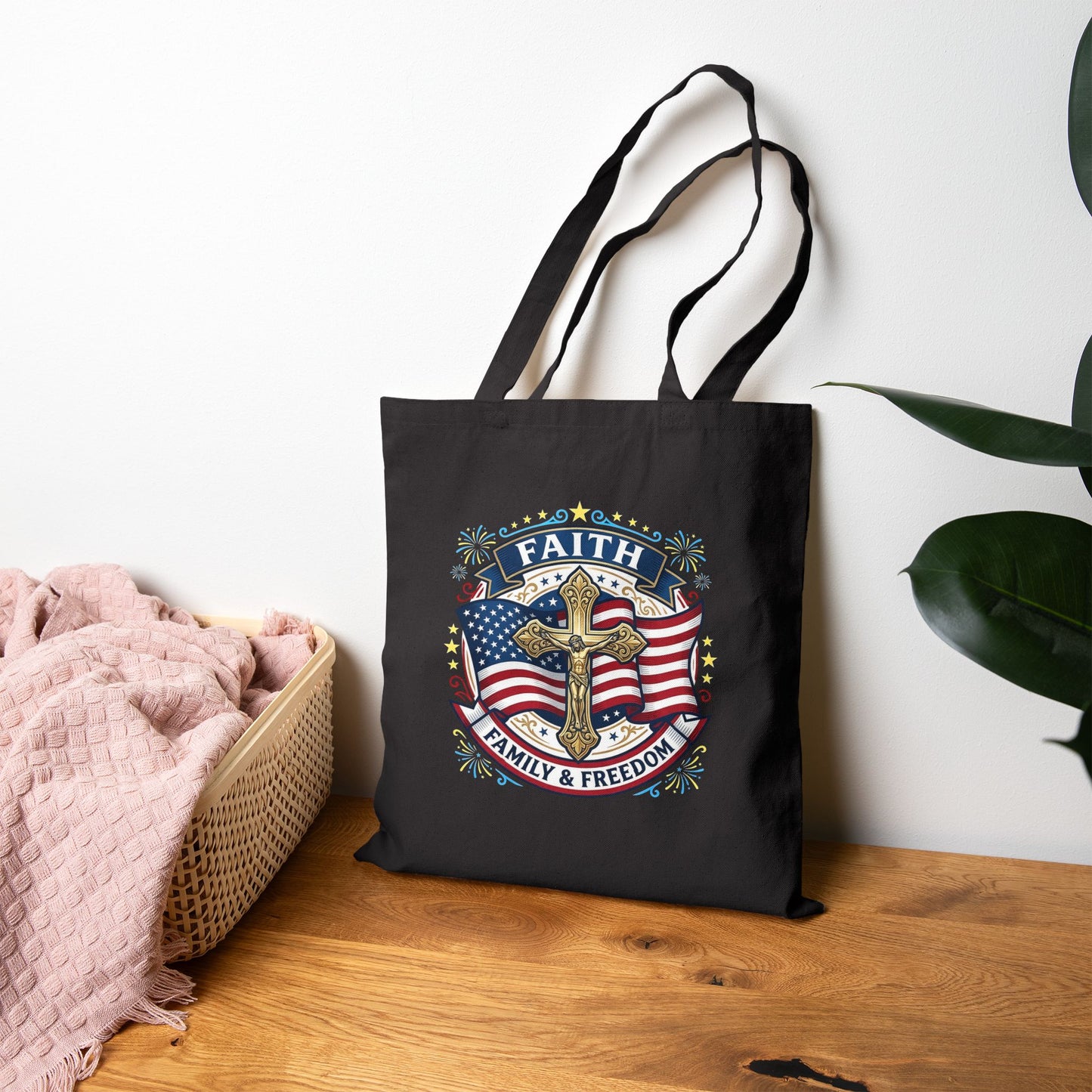 Catholic Faith, Family & Freedom Canvas Tote — Patriotic American Flag Shopping Bag (USA 250th)
