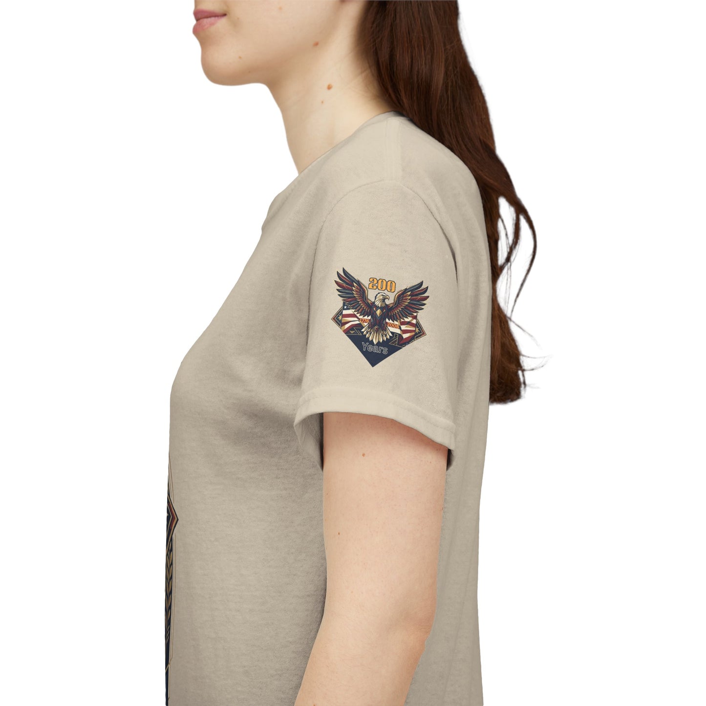 250 Years of Freedom Eagle T-Shirt, Beige t-shirt with an eagle and flag design on a white background