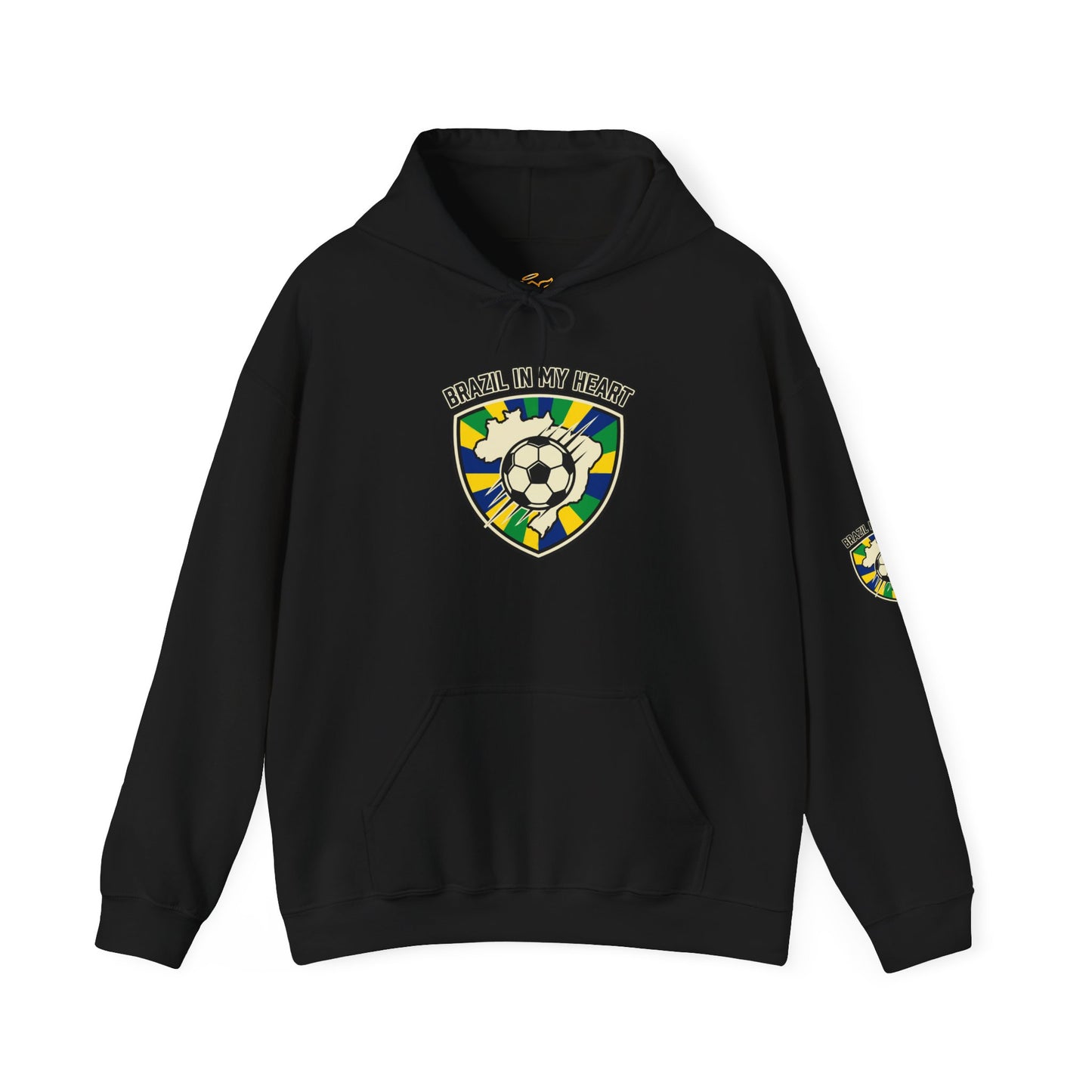 Black hoodie with a colorful emblem and text on a white background | Brazil Pride Shield Soccer Hoodie | Brazil retro soccer hoodie