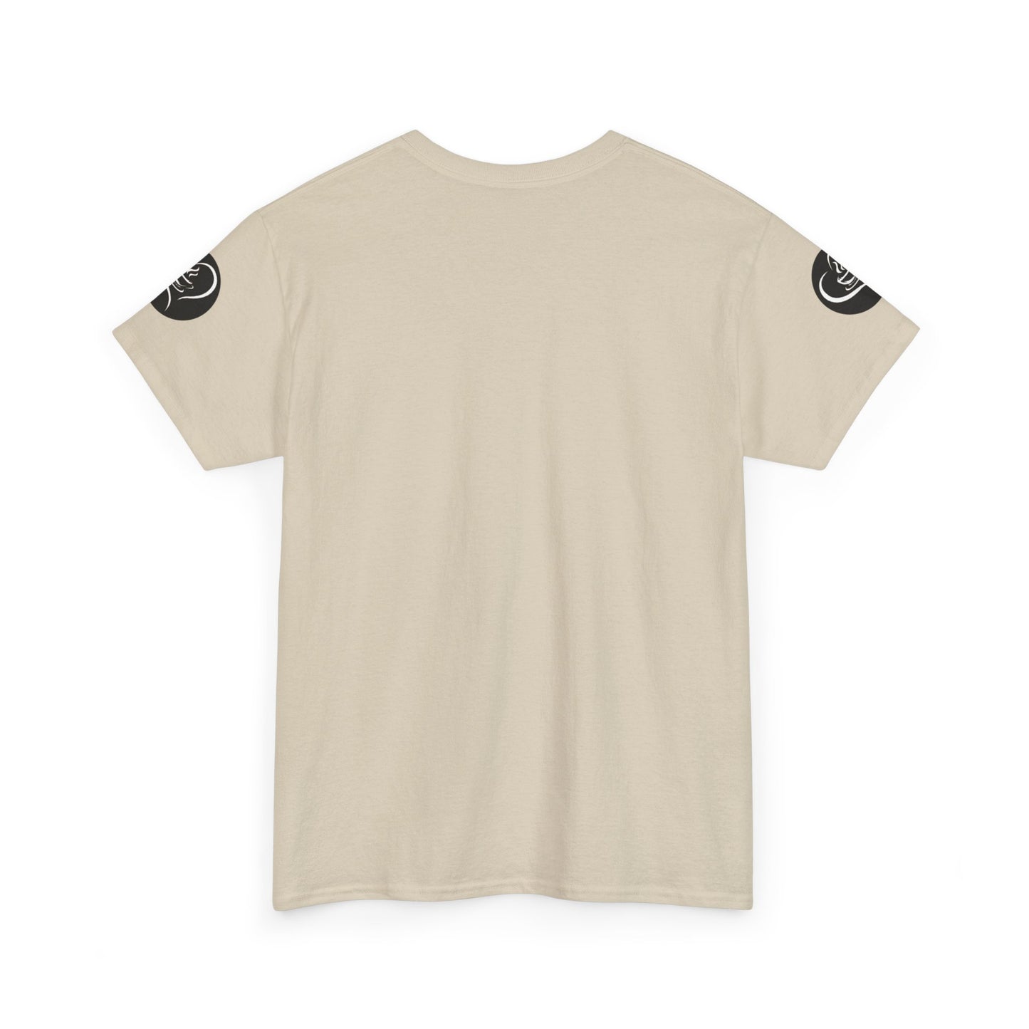 Coffee Lovers Ladies Tee - COFFEE and FRIENDS the Perfect Blend, Beige t-shirt with black logo on sleeves against a white background