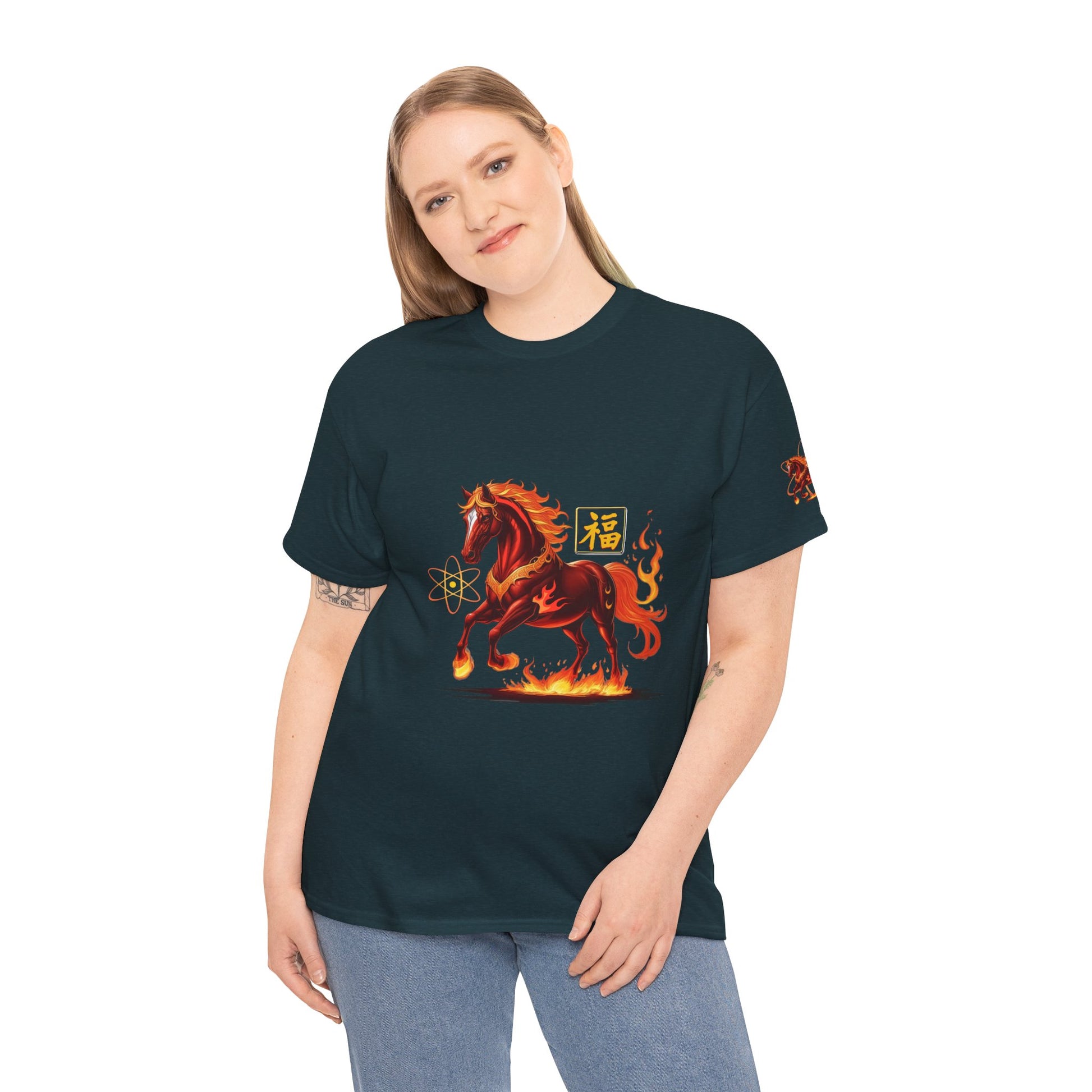 Lunar New Year Fiery Horse Novelty T-Shirt, Person wearing a black t-shirt with a fiery horse design on a white background