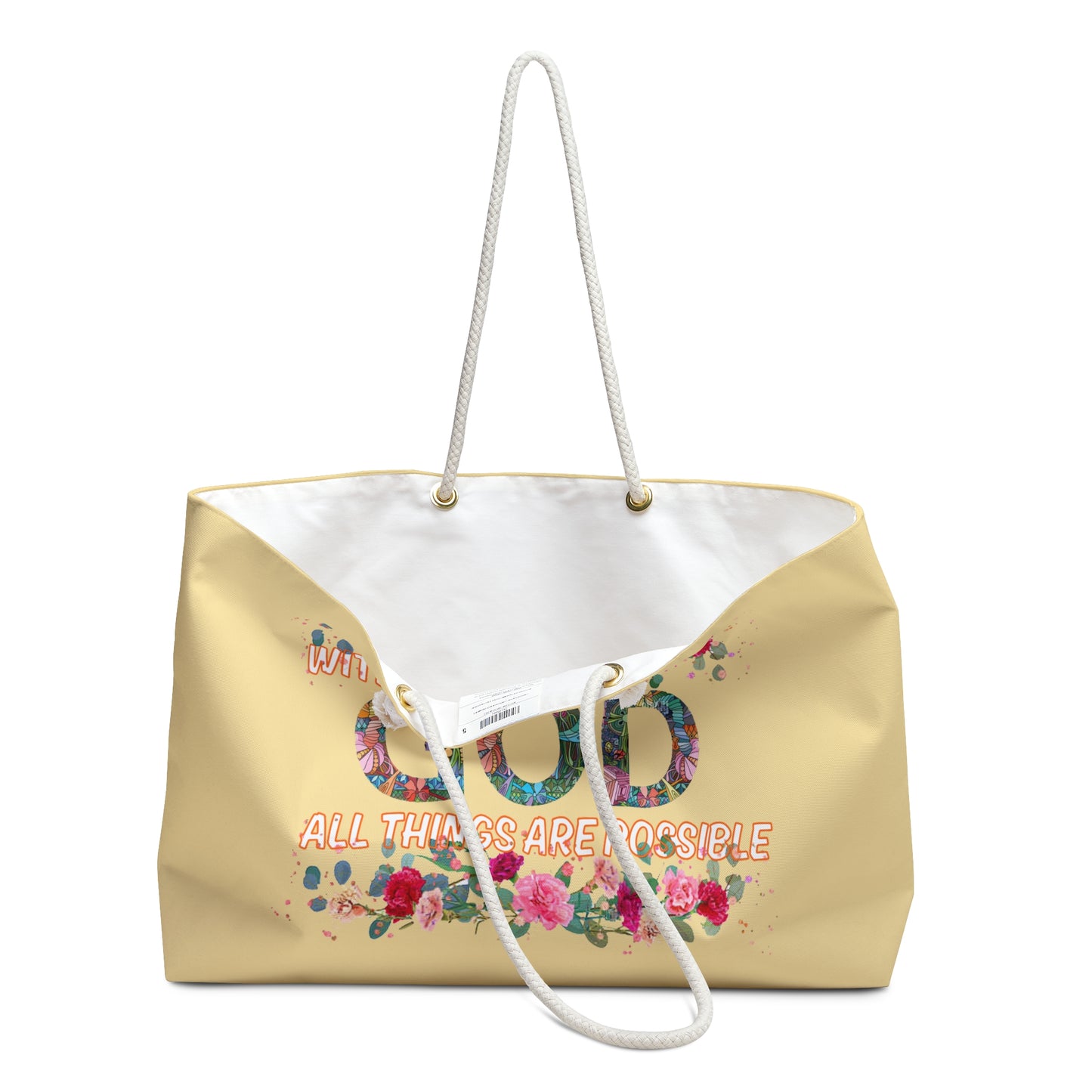 Beige tote bag with floral design and text on a white background