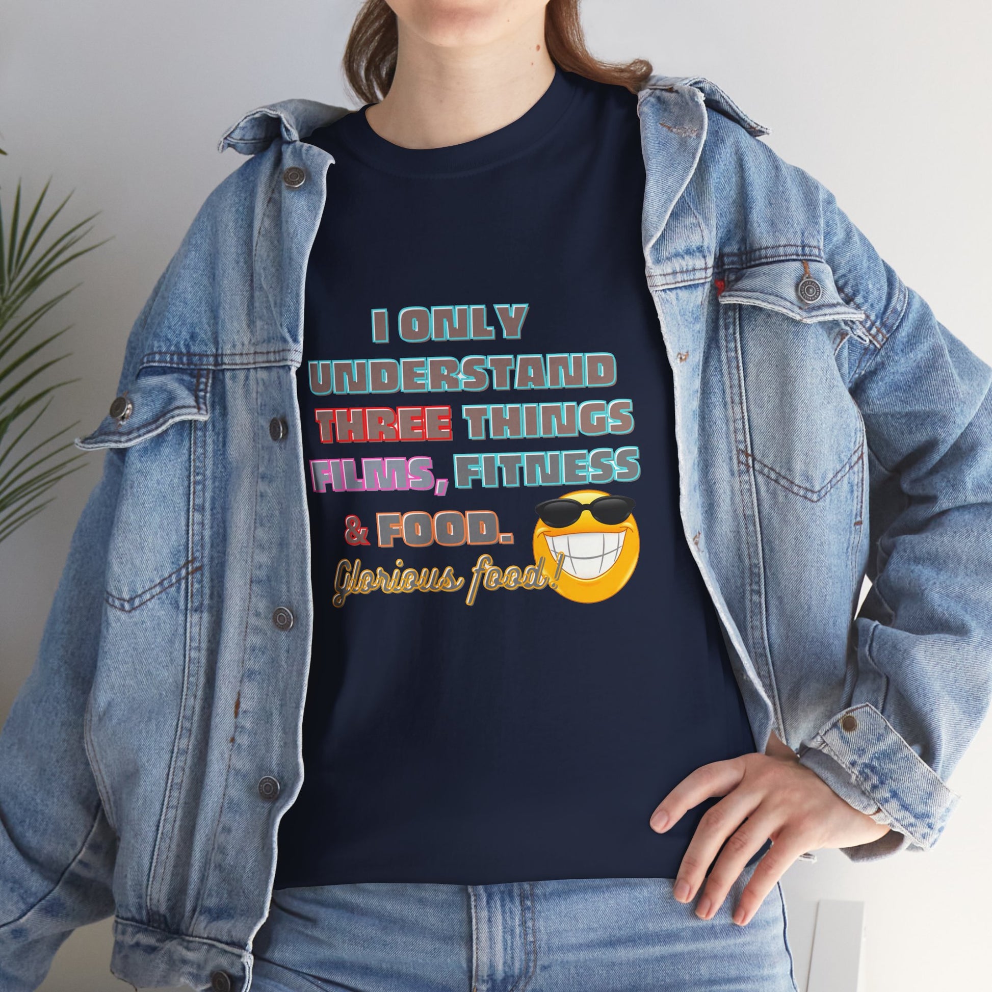 Gym fitness body building t-shirt, Funny Fitness Quotes Cotton T-shirt, Person wearing a navy blue t-shirt with text and a smiley face graphic, paired with a denim jacket.