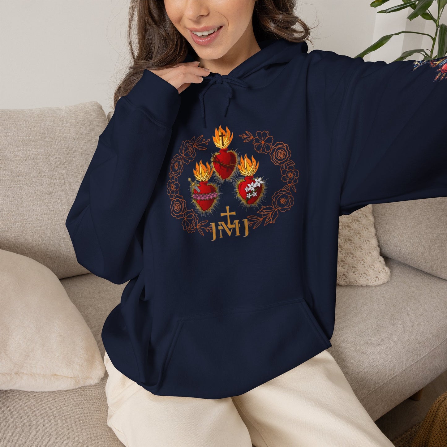 Sacred Hearts Hoodie — Three Flaming Hearts J.M.J. Devotional Sweatshirt (CT)