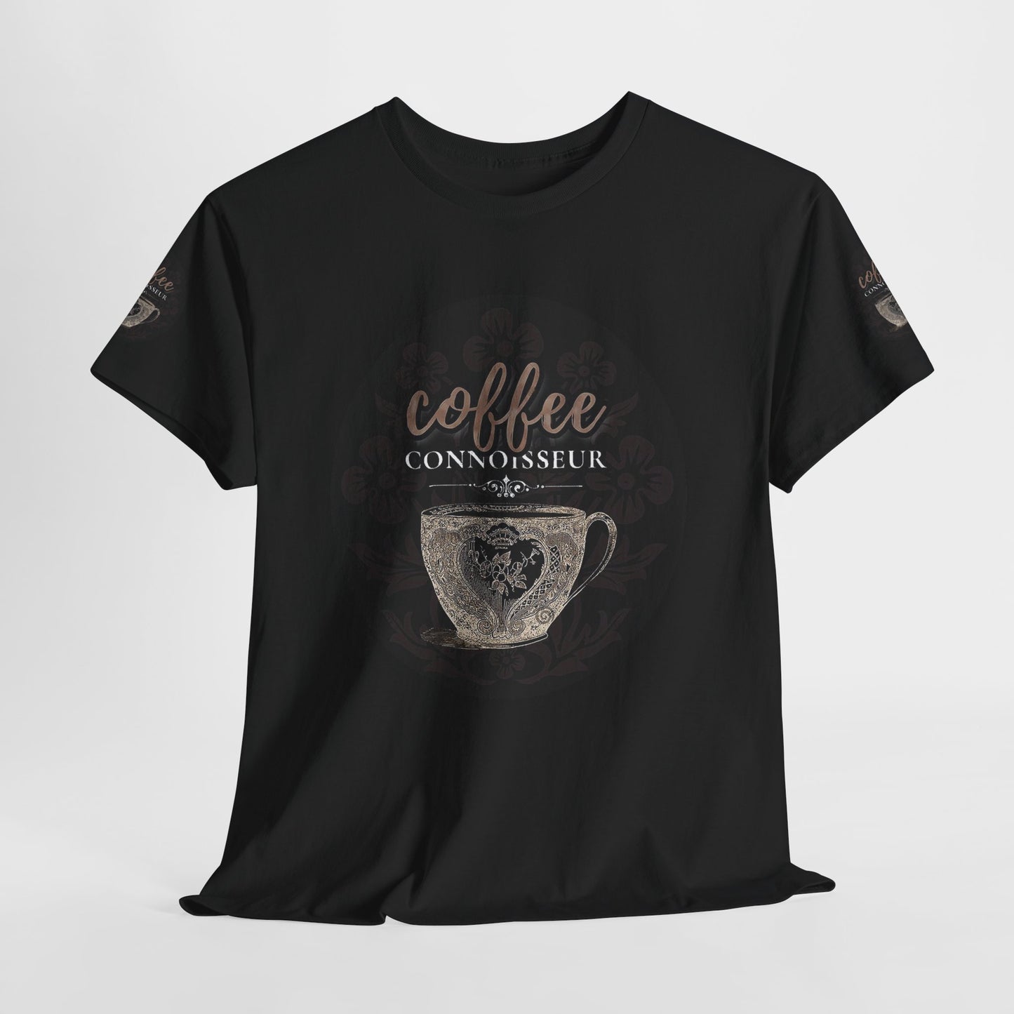 COFFEE LOVERS COTTON TEES For Connoisseurs, Black t-shirt with 'coffee connoisseur' graphic on a light gray background