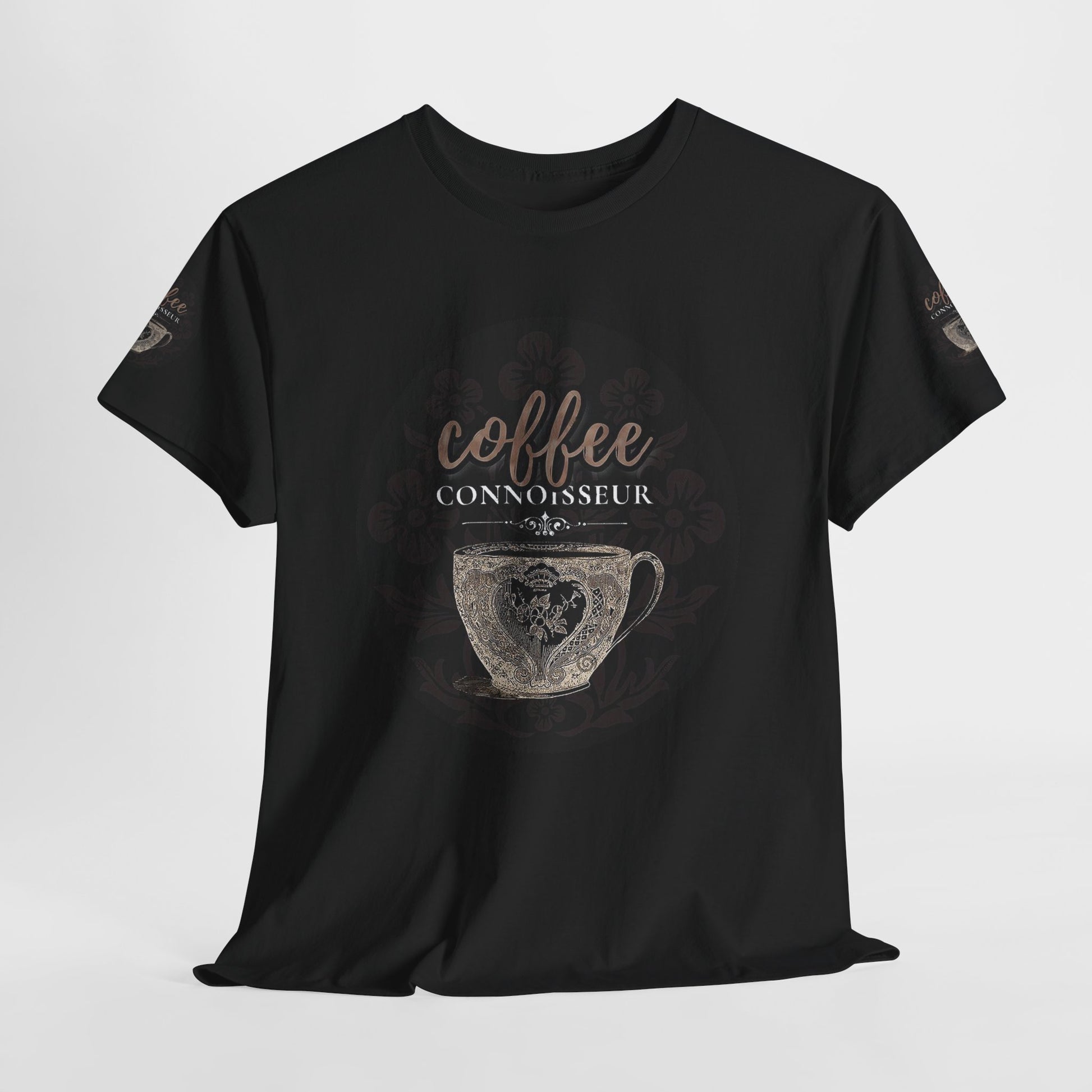 COFFEE LOVERS COTTON TEES For Connoisseurs, Black t-shirt with 'coffee connoisseur' graphic on a light gray background