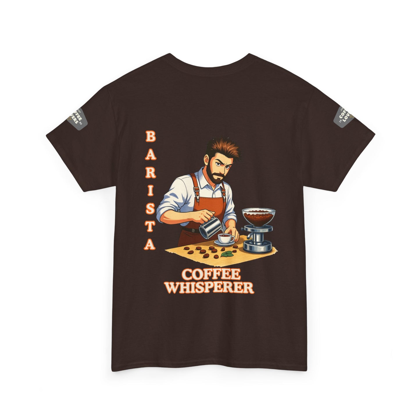 Coffee Lovers Cotton Tee for Male Barista,  Brown t-shirt with a graphic of a barista and 'Coffee Whisperer' text on a white background