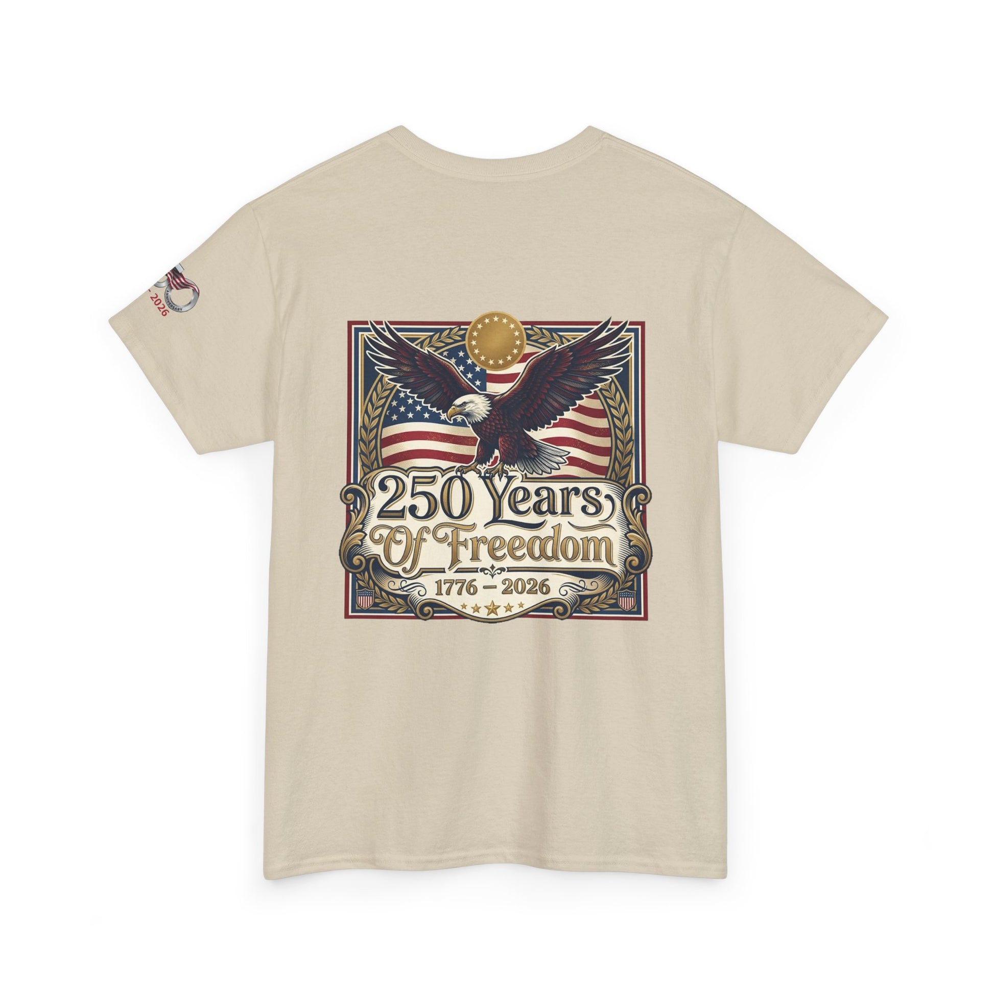 250 Years of Freedom T-Shirt — USA 250TH Anniversary Patriotic Eagle Tee, Beige t-shirt with an eagle and American flag design on a white background