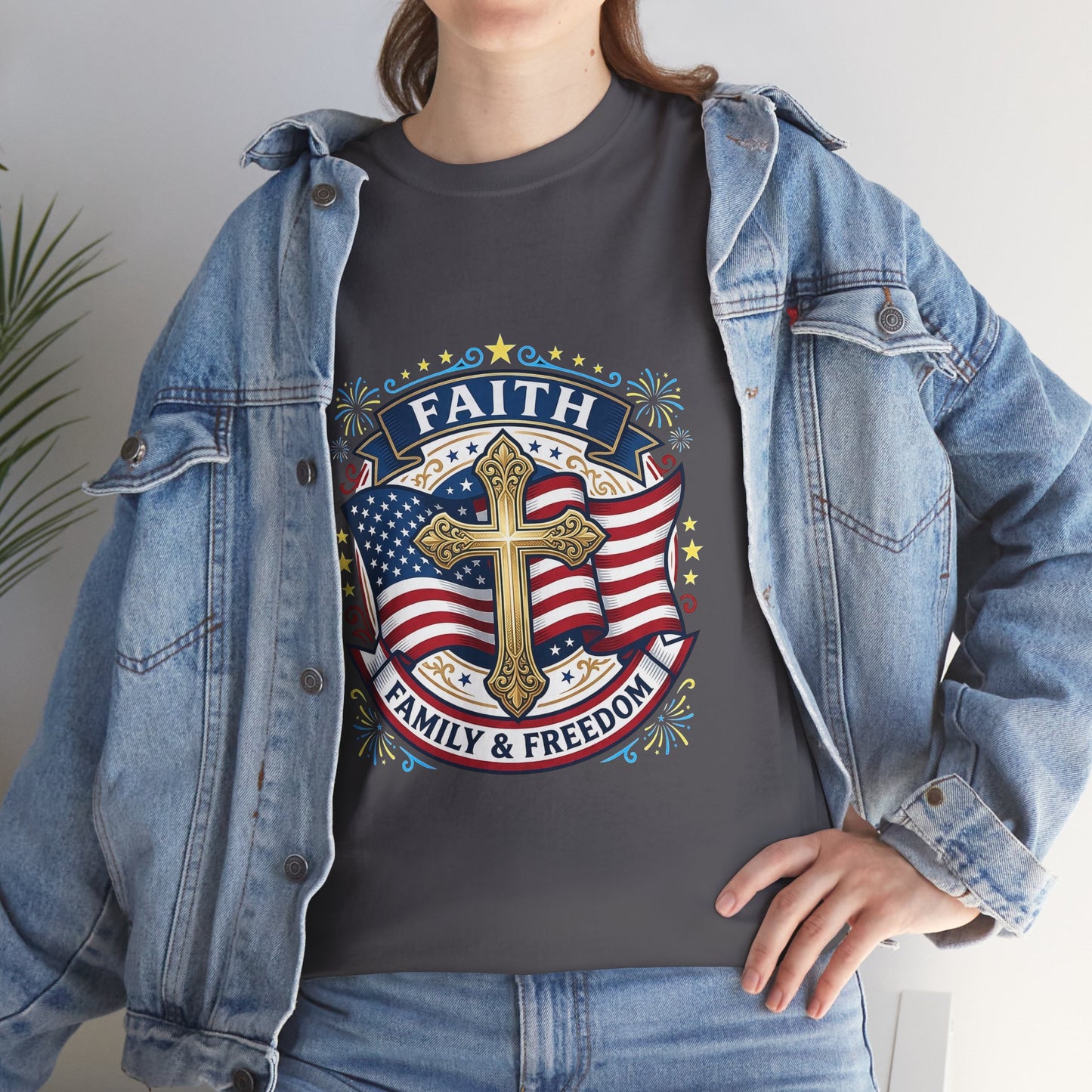 Faith, Family & Freedom T-Shirt — American Flag Cross Patriotic Tee (USA 250th)
