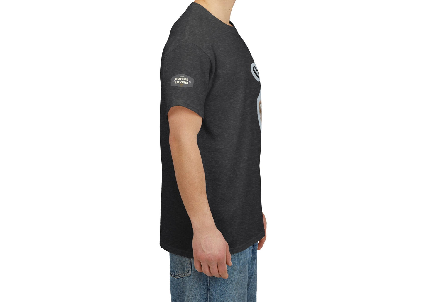 Coffee Lovers Cotton Tee - 'Better Late than Never', Man wearing a black t-shirt with a logo on a white background