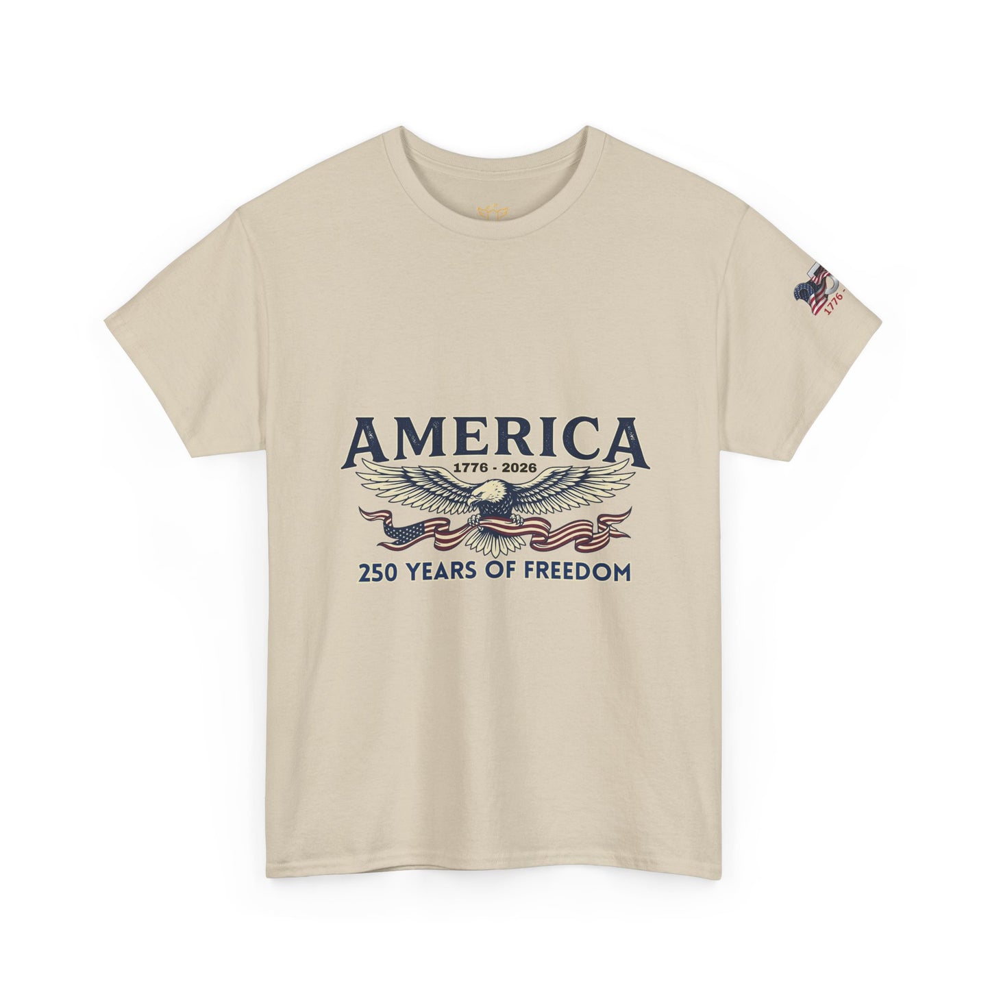 America 250 Years of Freedom T-Shirt — USA 250th ANNIVERSARY T-shirt, Beige t-shirt with 'America 1776-2021 250 Years of Freedom' design on a white background