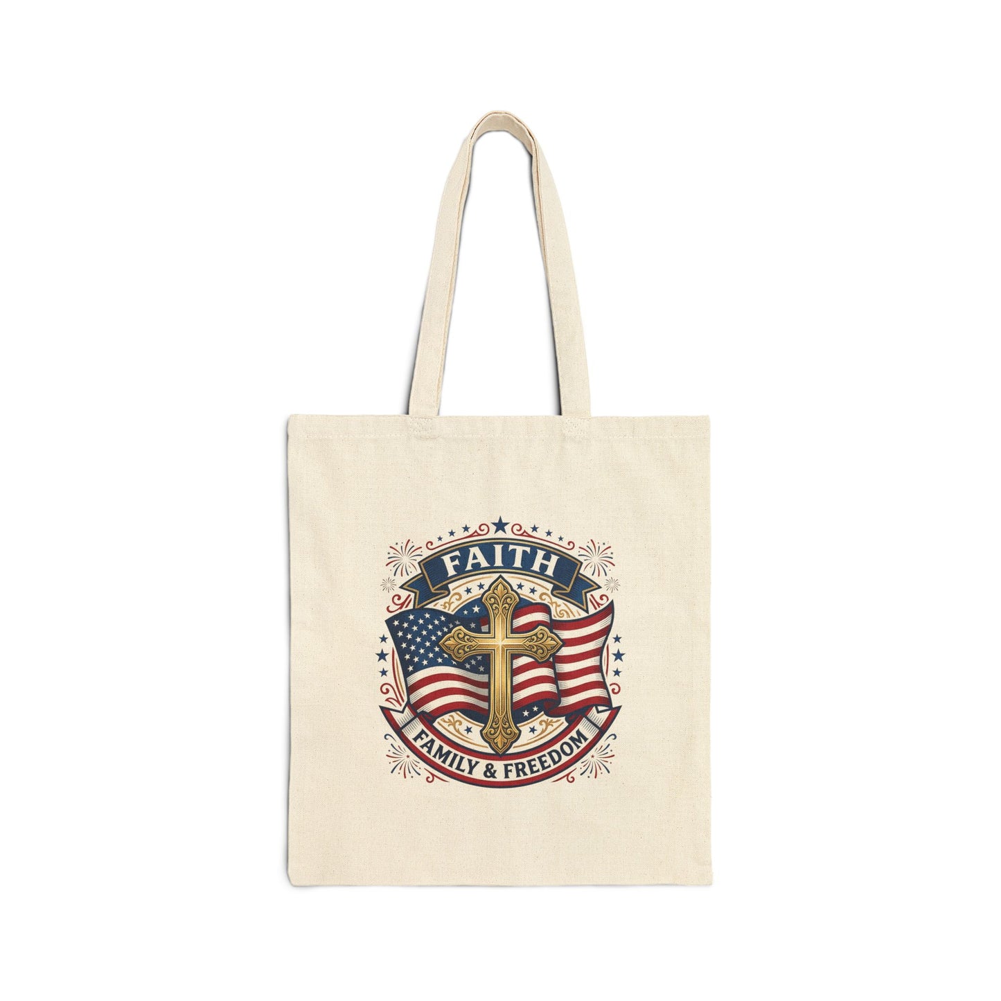 USA 250TH Faith & Freedom Cross Tote | Patriotic, Faith-Based July 4th, Vintage Americana