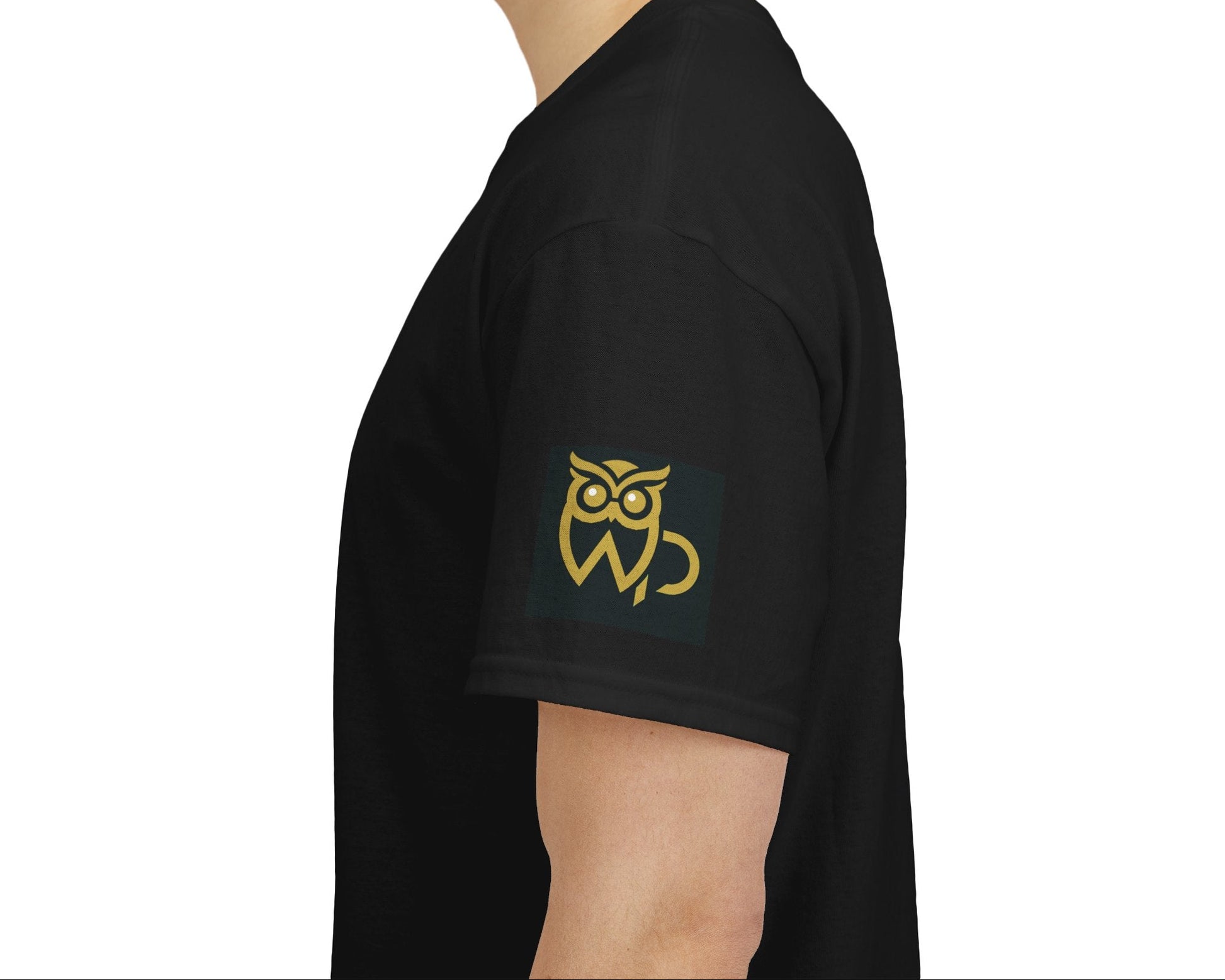 Wise Up Adapt! Motivational T-shirt — 'Wise Up! Stay Sharp!' Graphic Novelty Tee, Black t-shirt with a gold owl logo on a white background