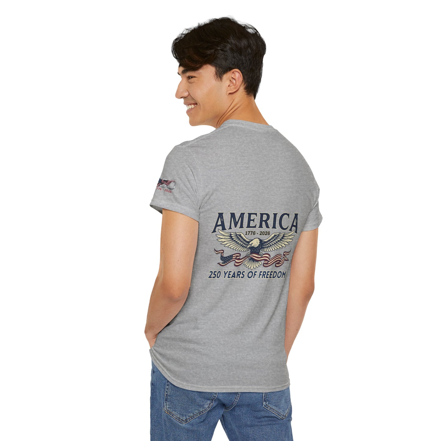 America 250 Years of Freedom T-Shirt — USA 250th ANNIVERSARY T-shirt, Man wearing a gray t-shirt with 'America' design on a white background