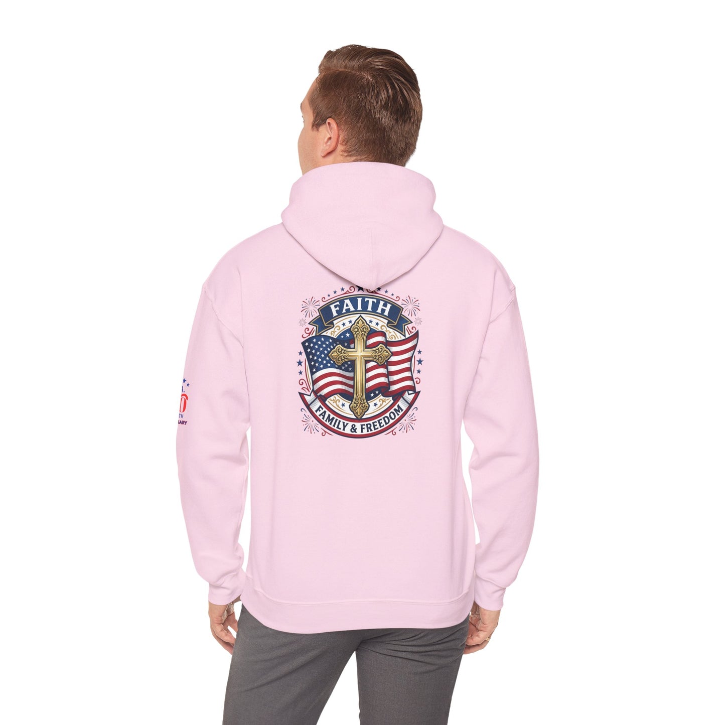 Faith, Family & Freedom Hoodie — Patriotic Cross American Flag Sweatshirt (USA 250th)