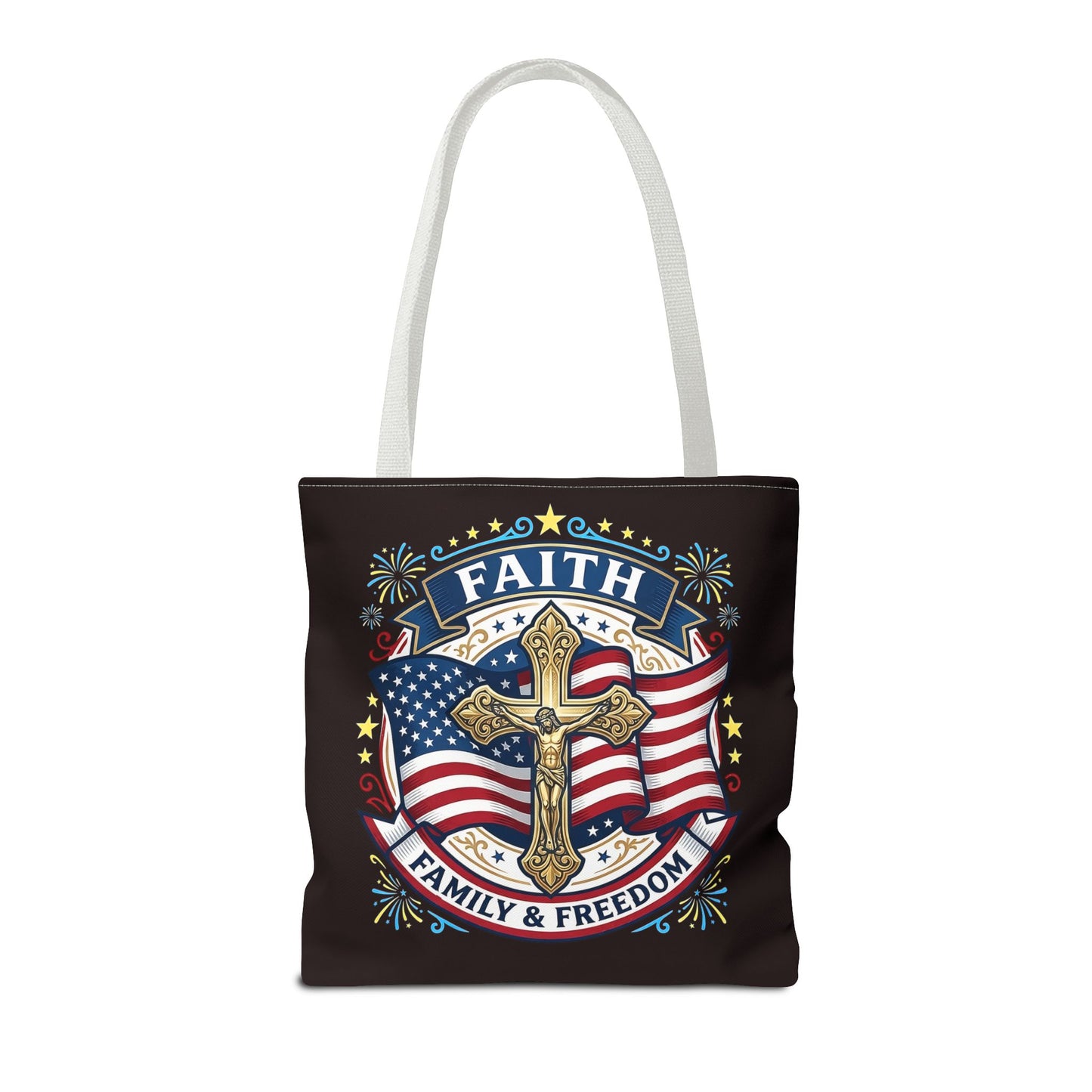 Faith, Family & Freedom Cross Bag — Patriotic American Flag Canvas Tote (USA 250th)