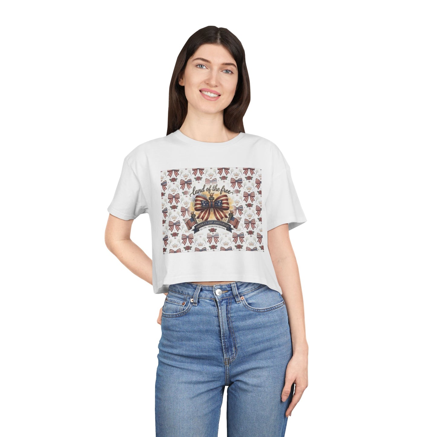 USA 250th ANNIVERSARY Women’s Crop Tee — Patriotic "Land of the Free" Women’s Crop Tee - Trending Novelties & Gifts