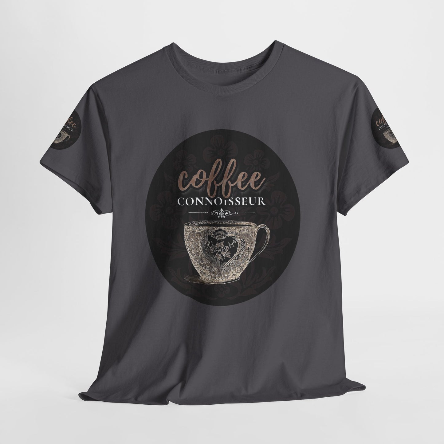 COFFEE LOVERS COTTON TEES For Connoisseurs, Gray t-shirt with 'coffee connoisseur' graphic on a white background