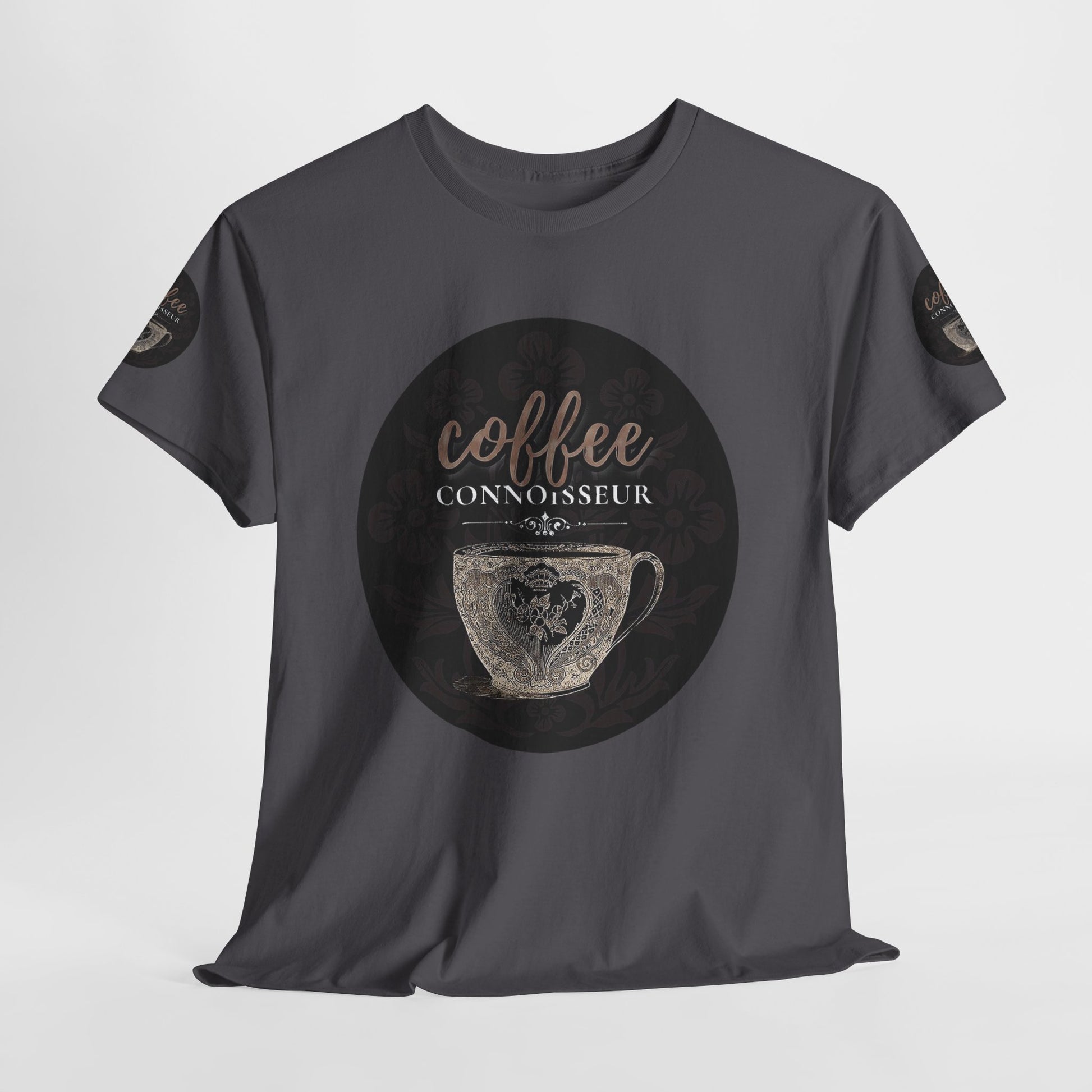 COFFEE LOVERS COTTON TEES For Connoisseurs, Gray t-shirt with 'coffee connoisseur' graphic on a white background