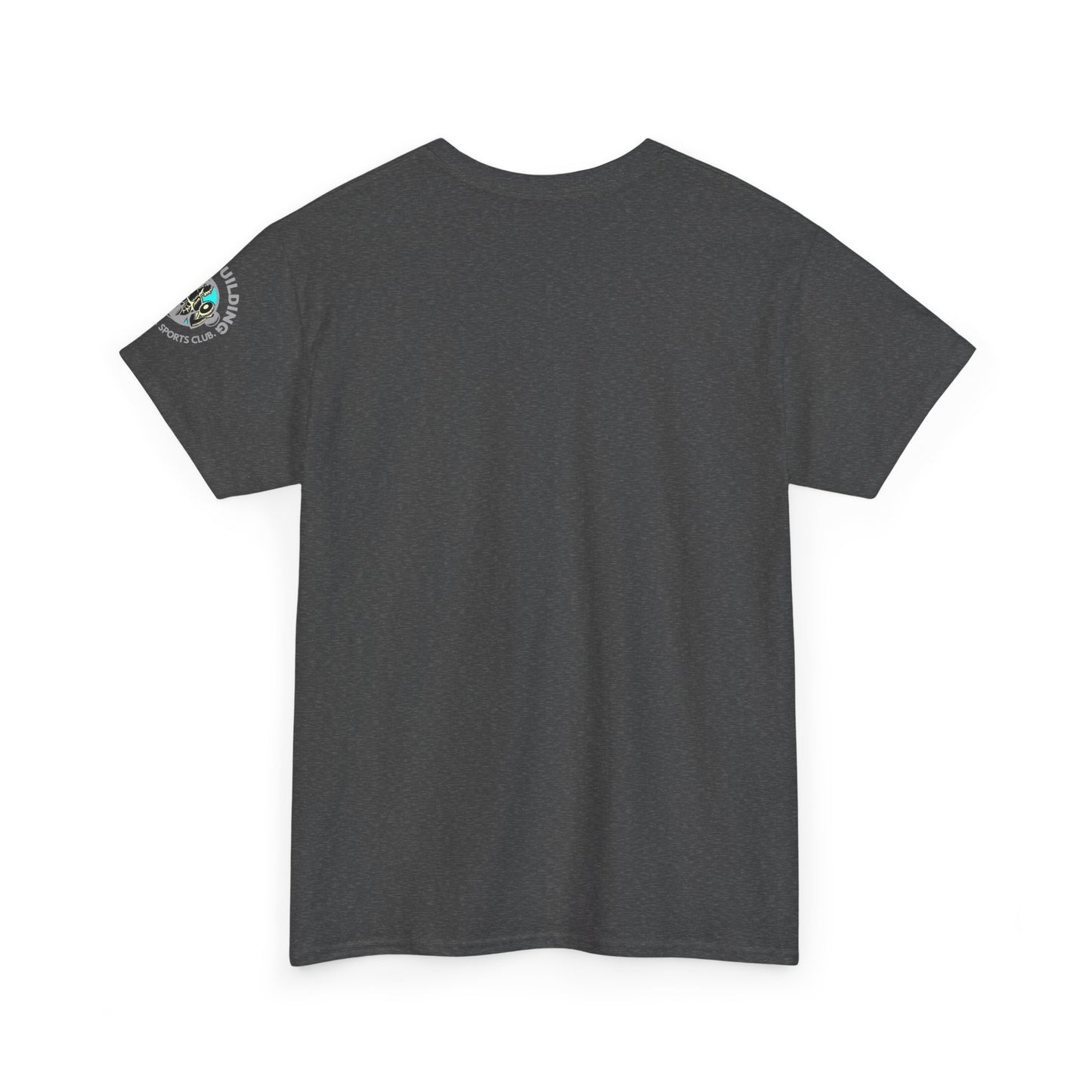 Gray t-shirt with a small logo on the back against a white background