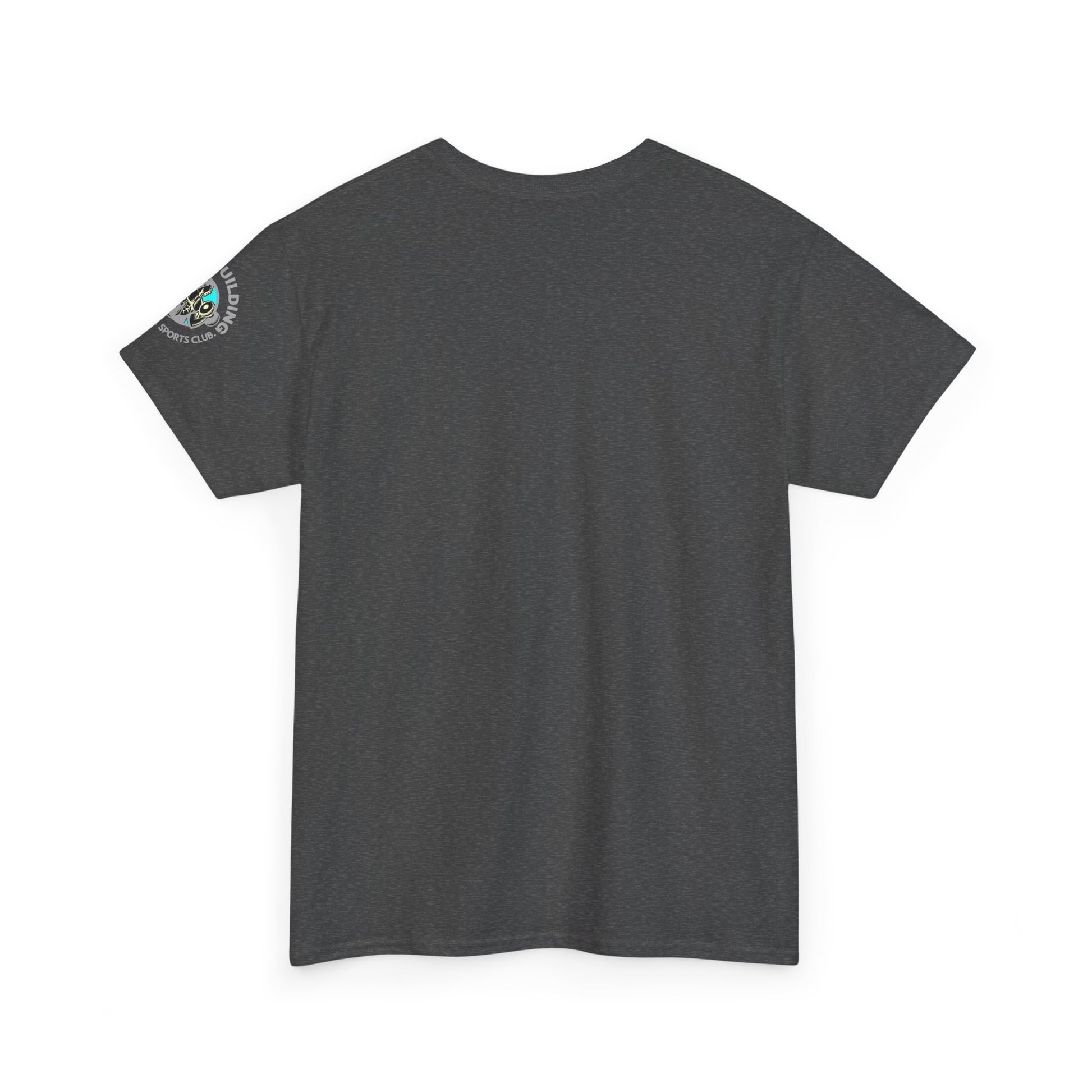 Gray t-shirt with a small logo on the back against a white background