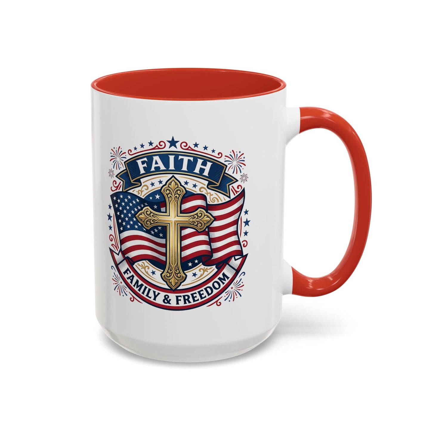 Faith, Family & Freedom Accent Coffee Mug — Patriotic Cross Mug  (USA 250th)