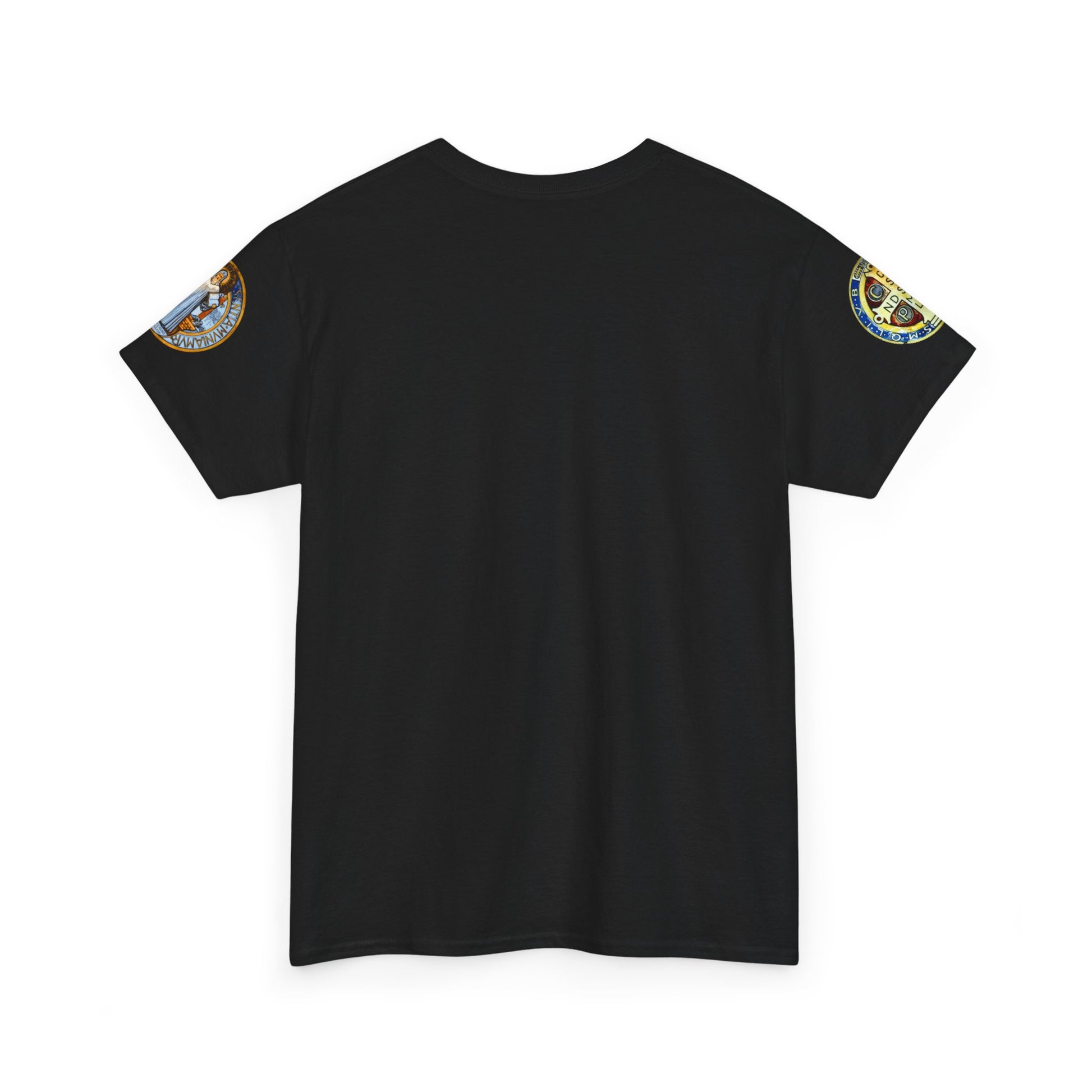 Saint Benedict Medal Unisex T-shirt, Black t-shirt with shoulder patches on a white background