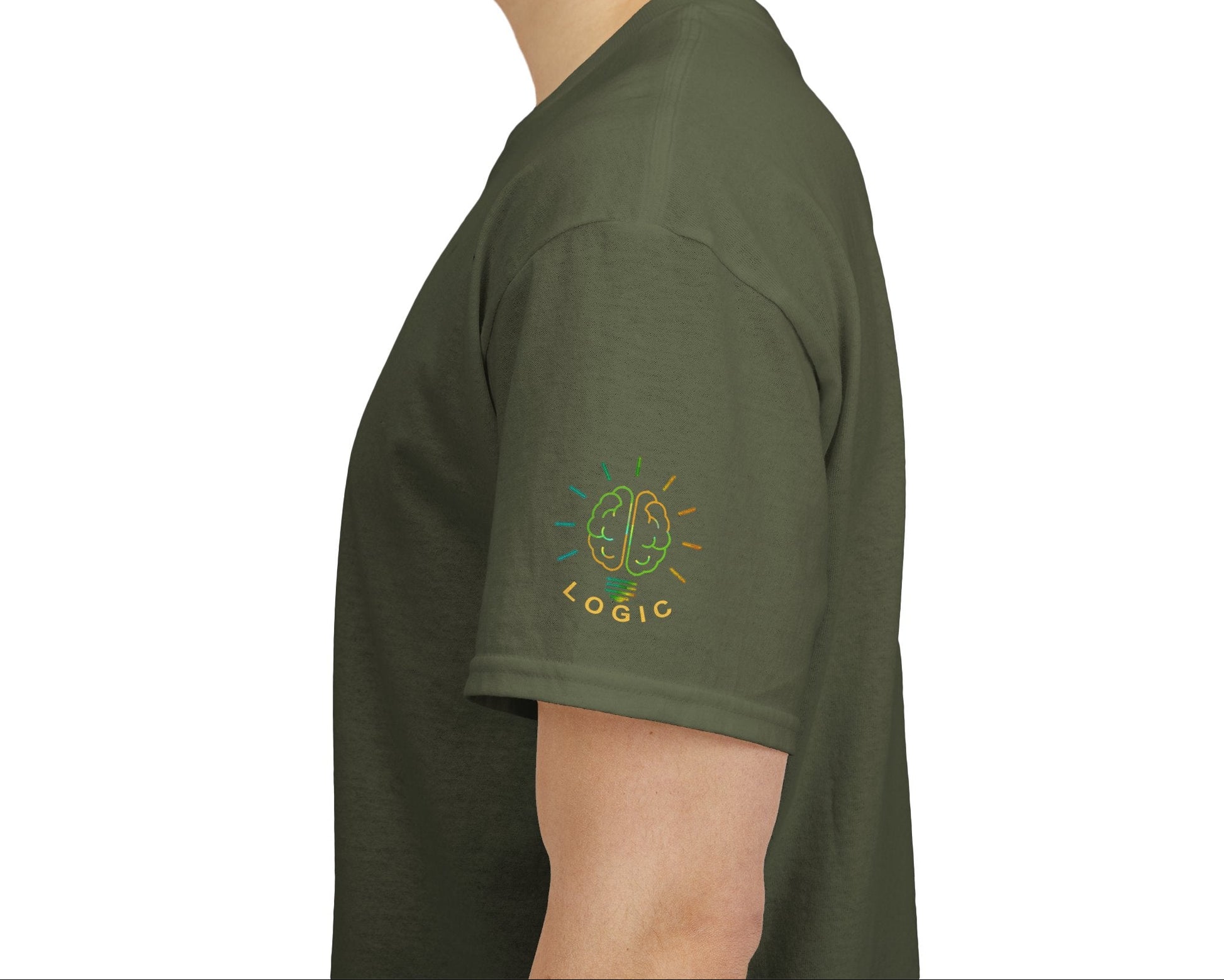 Novelty Tee - "Turn Off the Noise, Turn On Your Mind Tee" — Motivational Graphic Slogan,  Person wearing a green t-shirt with a logo on the sleeve against a white background
