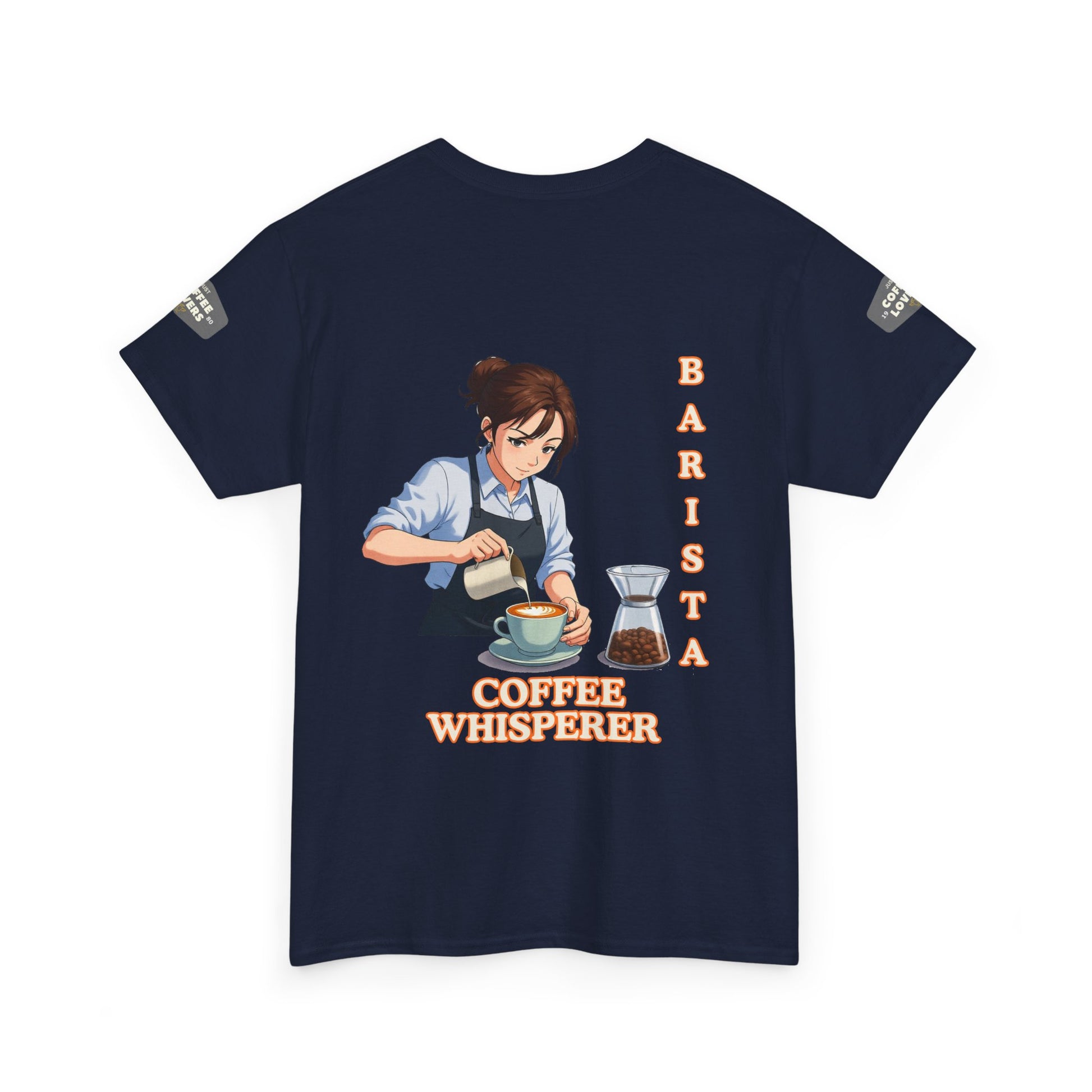 Coffee Lovers Cotton Tee for Female Barista, Navy blue t-shirt with a barista graphic and text on a white background